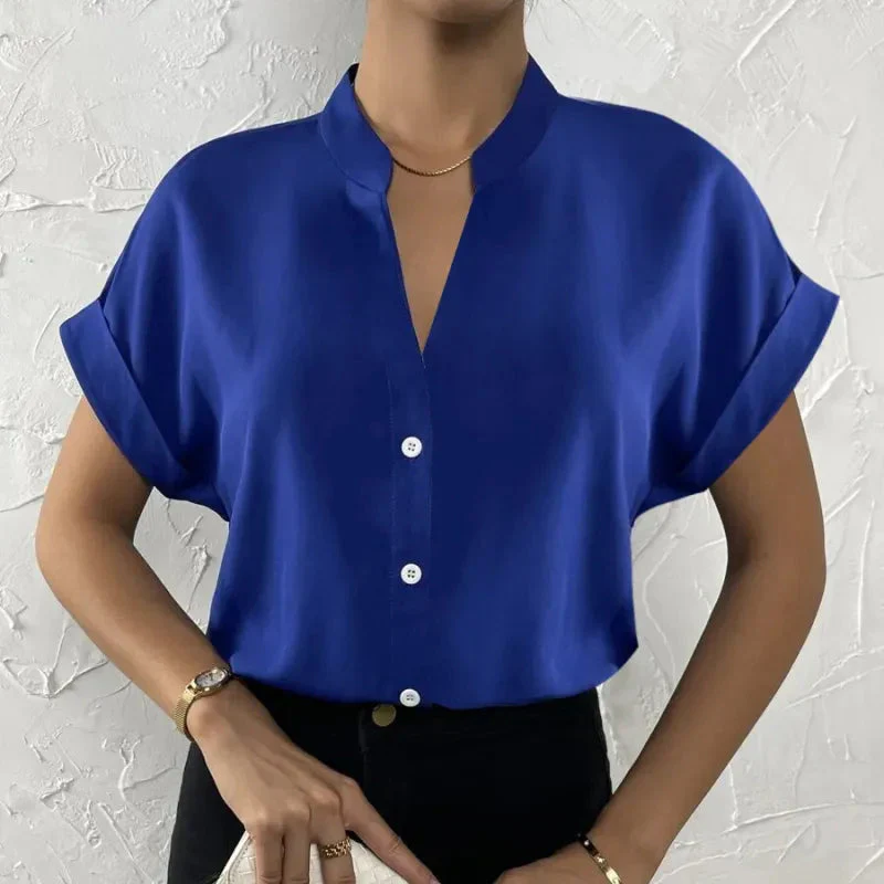🧡 Summer Women's Satin V-Neck Short Sleeve Shirt – Elegant Casual Wear - Image 9