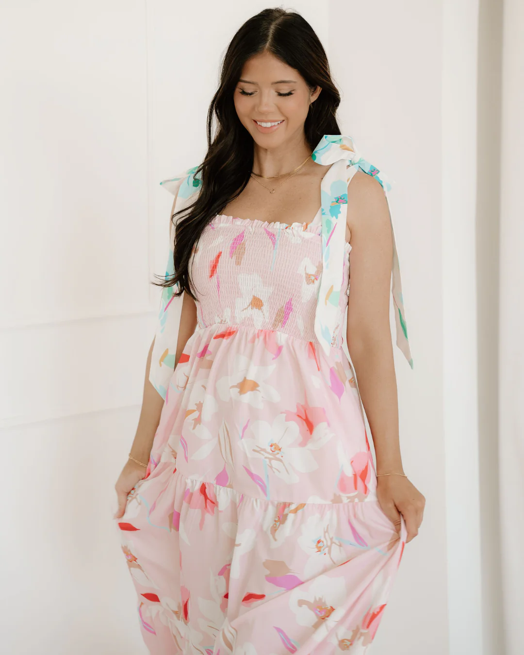 Sunshine Floral Print Knotted Shoulder Smocked Maxi Dress - Image 3