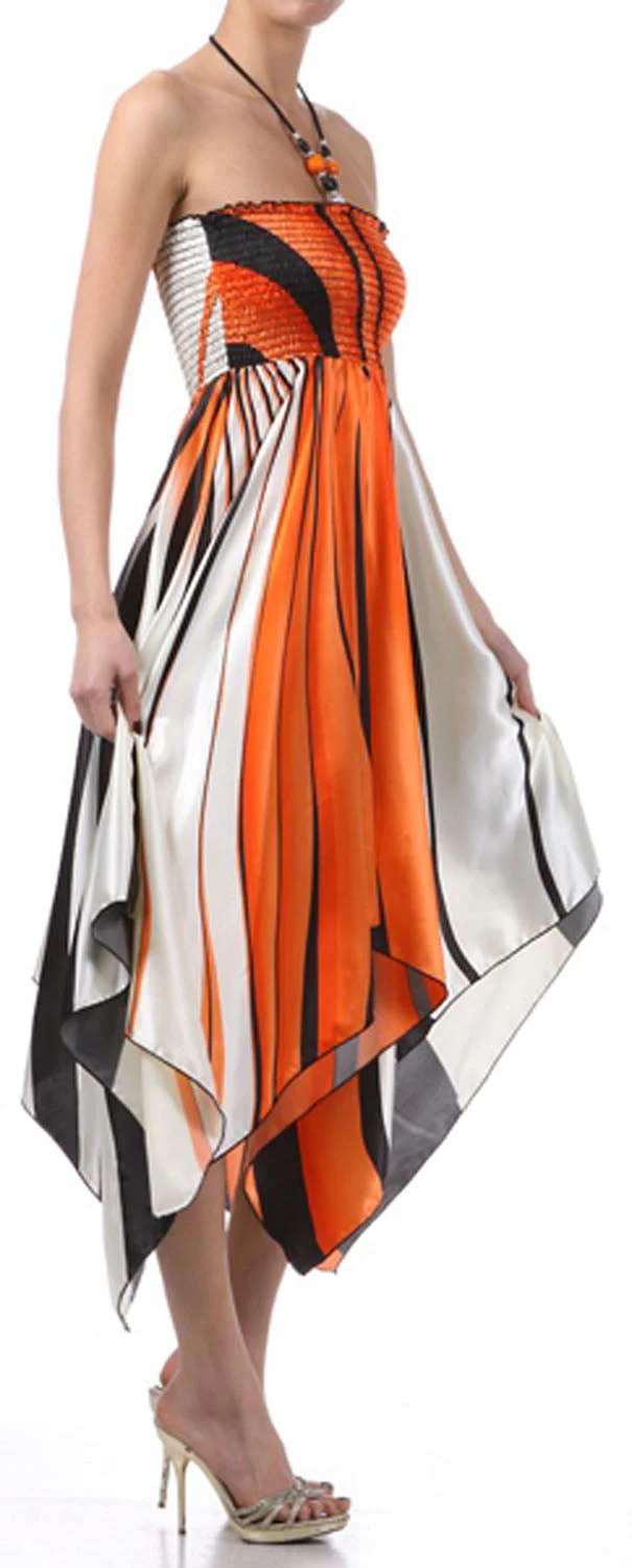 Swirl Design Satin Feel Beaded Halter Smocked Bodice Handkerchief Hem Dress - Image 16