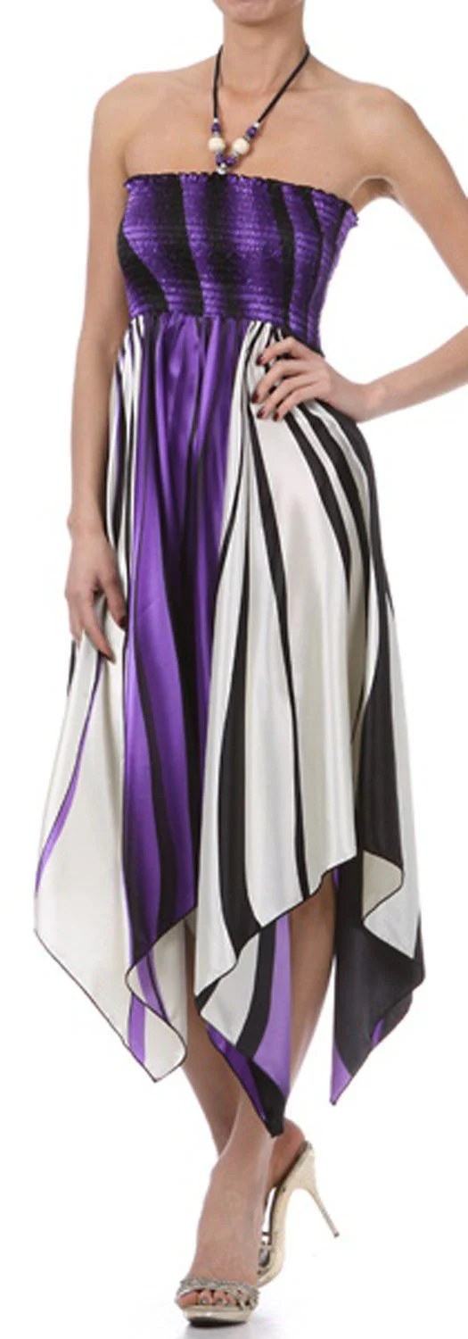 Swirl Design Satin Feel Beaded Halter Smocked Bodice Handkerchief Hem Dress - Image 17