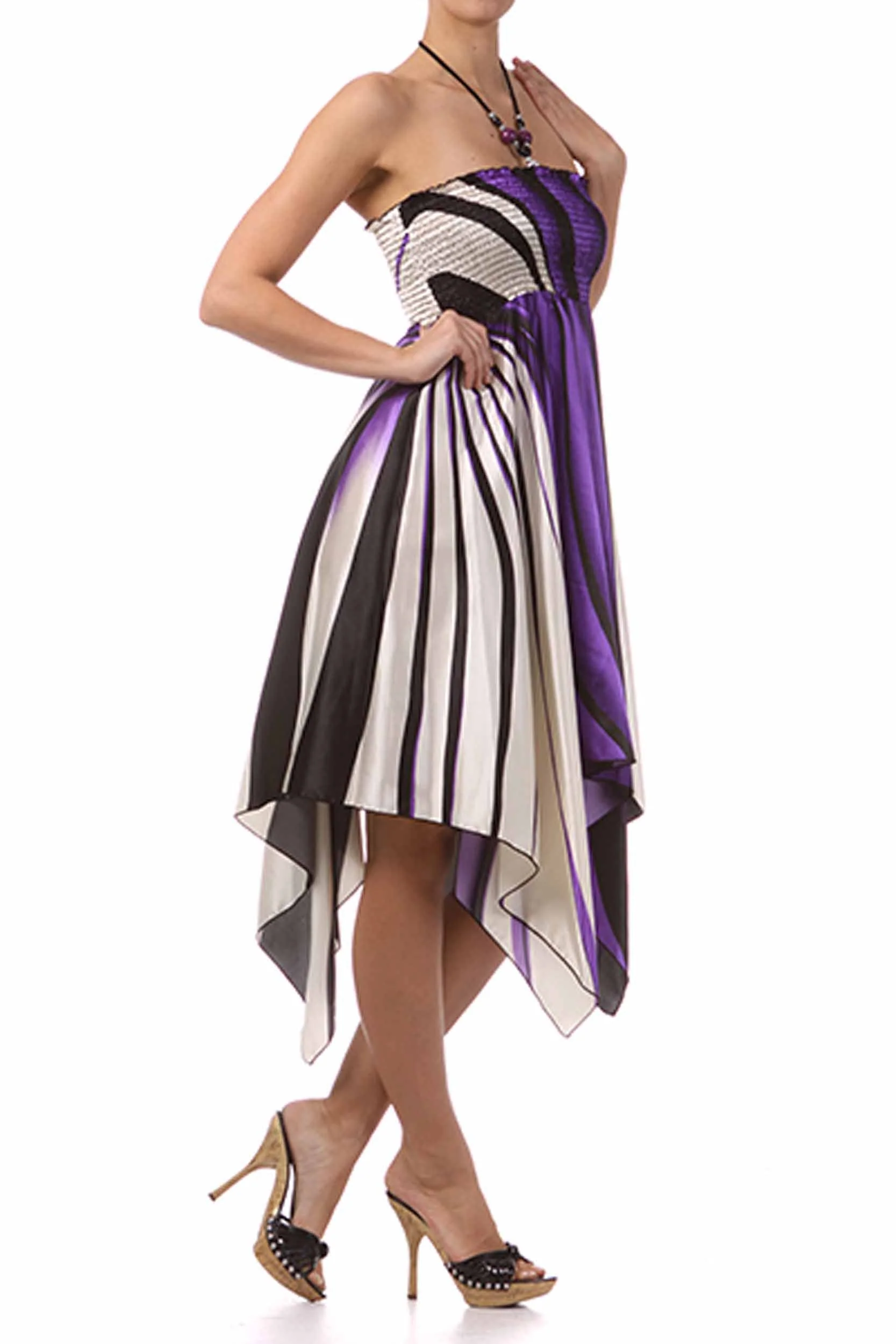 Swirl Design Satin Feel Beaded Halter Smocked Bodice Handkerchief Hem Dress - Image 19