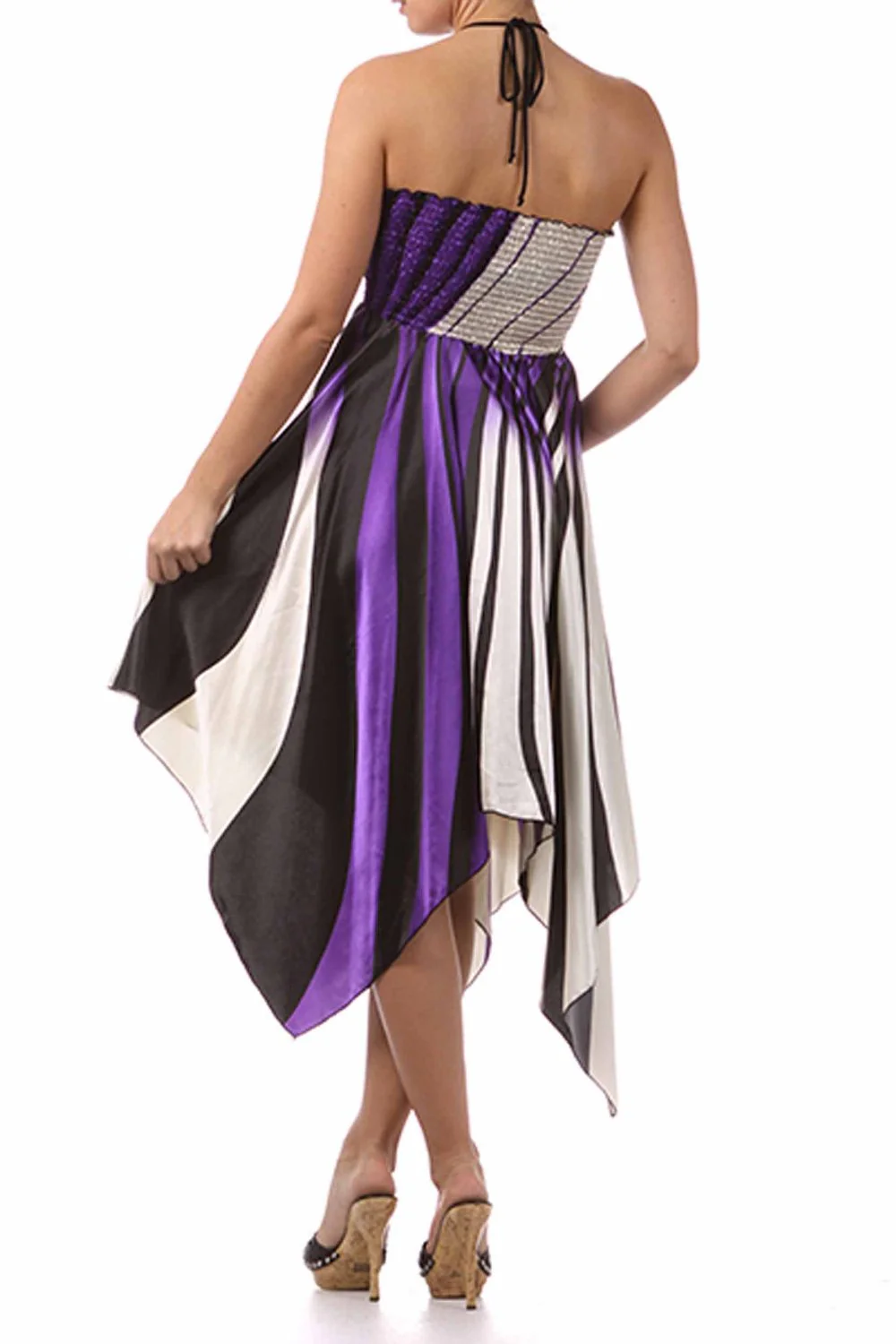 Swirl Design Satin Feel Beaded Halter Smocked Bodice Handkerchief Hem Dress - Image 20