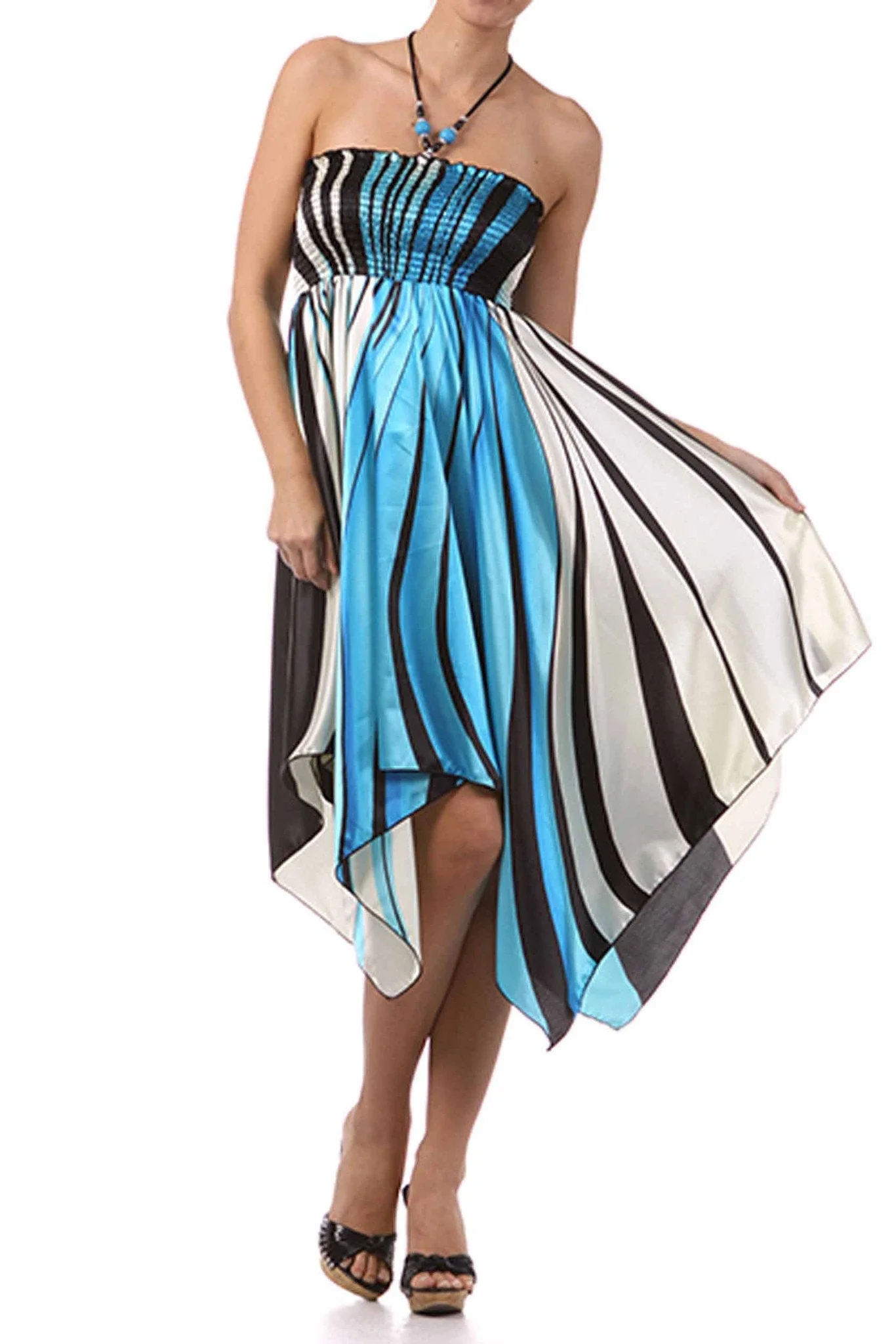 Swirl Design Satin Feel Beaded Halter Smocked Bodice Handkerchief Hem Dress - Image 22