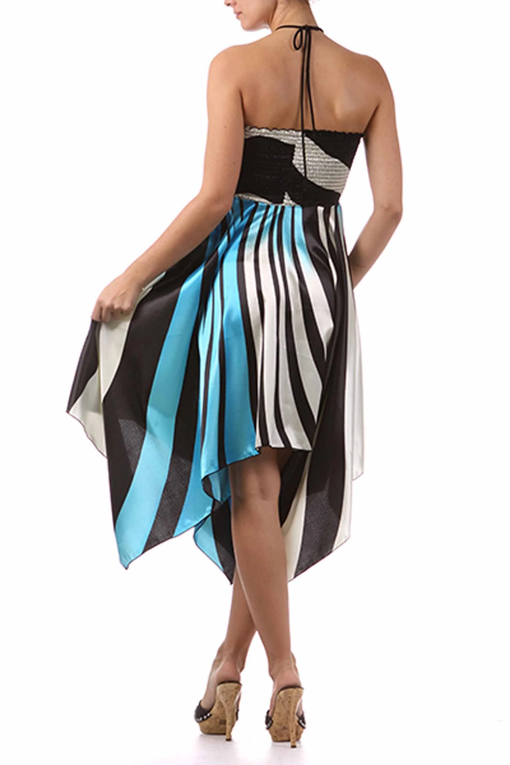 Swirl Design Satin Feel Beaded Halter Smocked Bodice Handkerchief Hem Dress - Image 23