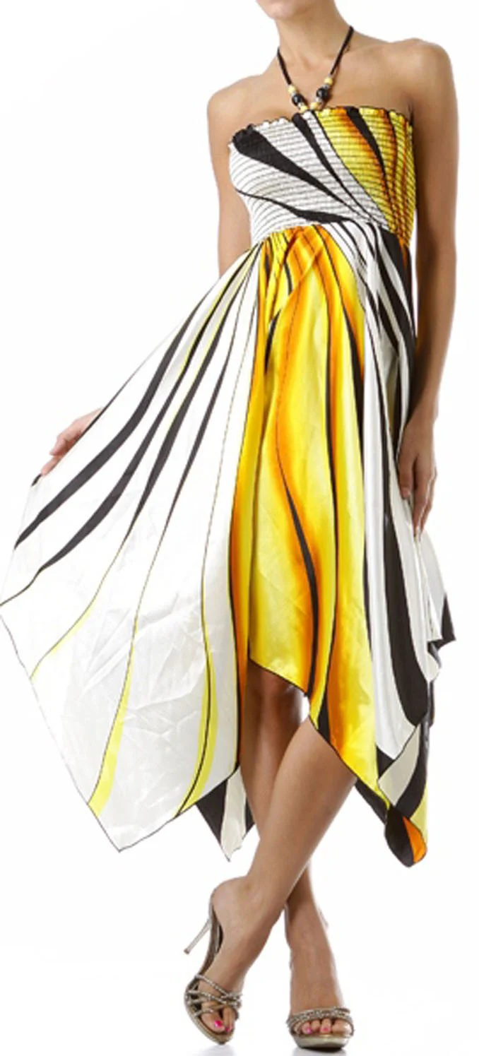 Swirl Design Satin Feel Beaded Halter Smocked Bodice Handkerchief Hem Dress - Image 27