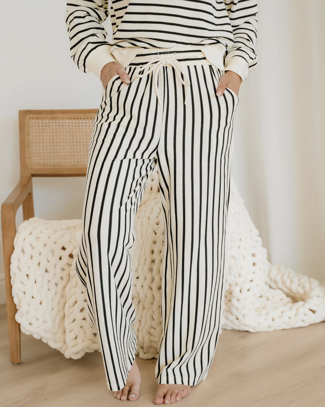 Talia Stripe Ruffle Trim Drop Shoulder Top Drawstring Loose Pant Set - Image 6