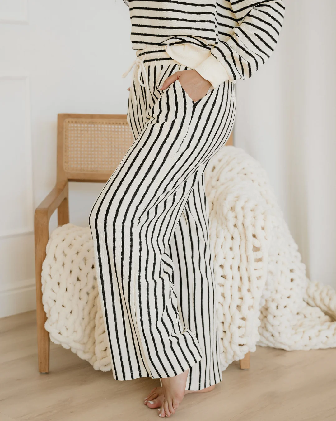 Talia Stripe Ruffle Trim Drop Shoulder Top Drawstring Loose Pant Set - Image 9
