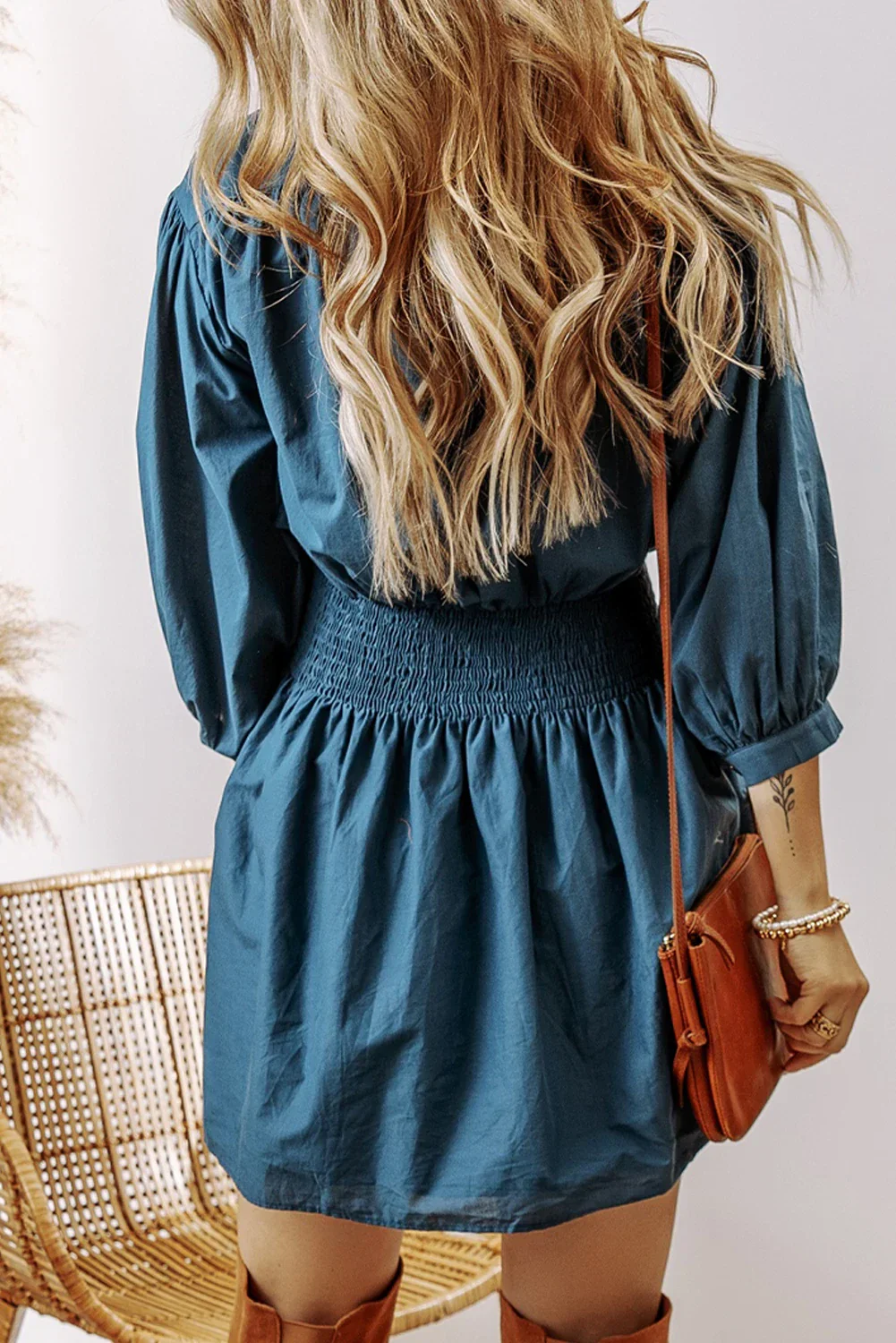 Tammy - Prussian Blue 3/4 Sleeve Shirred High Waist Buttoned Mini Dress - Image 2