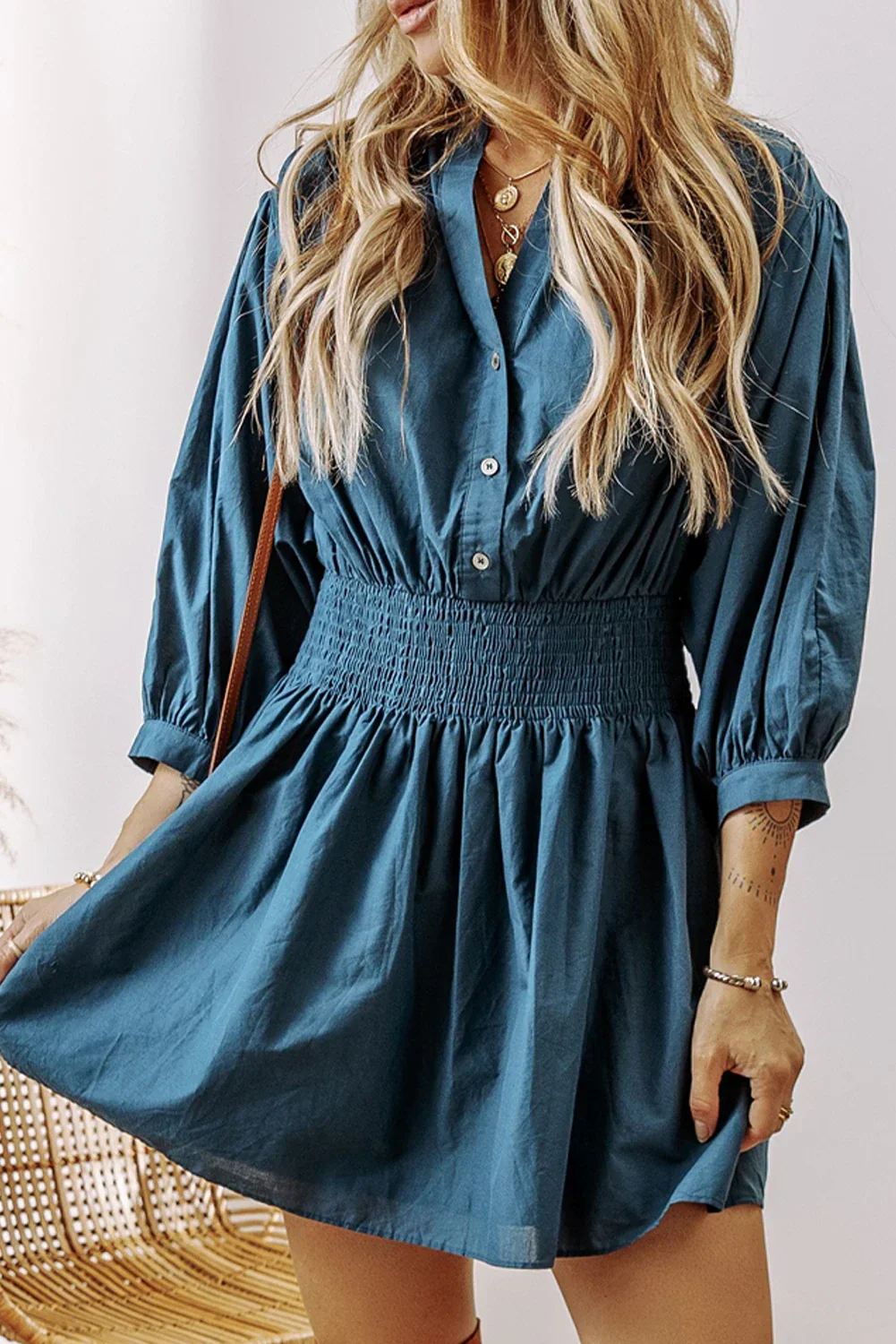 Tammy - Prussian Blue 3/4 Sleeve Shirred High Waist Buttoned Mini Dress - Image 4