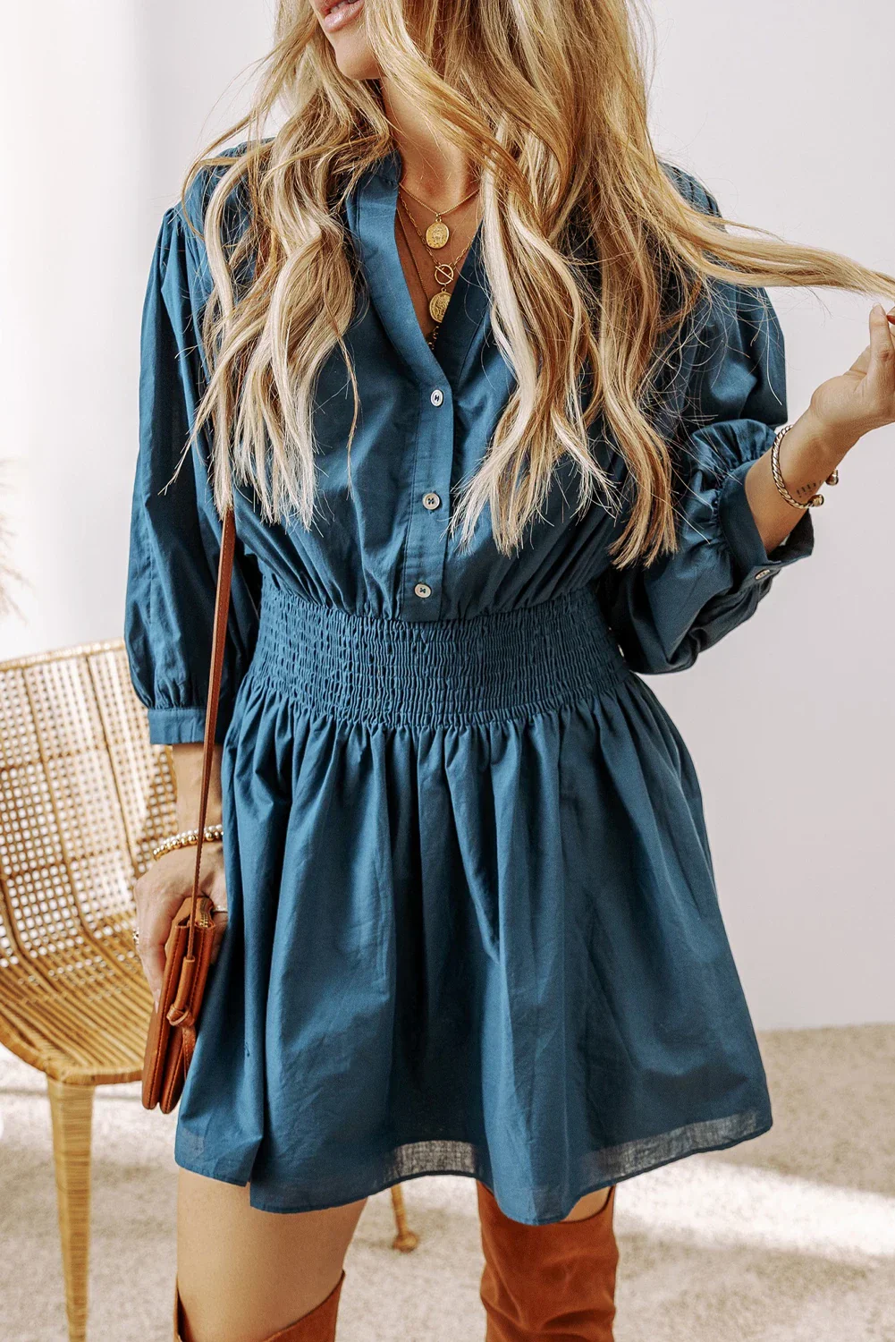 Tammy - Prussian Blue 3/4 Sleeve Shirred High Waist Buttoned Mini Dress - Image 5