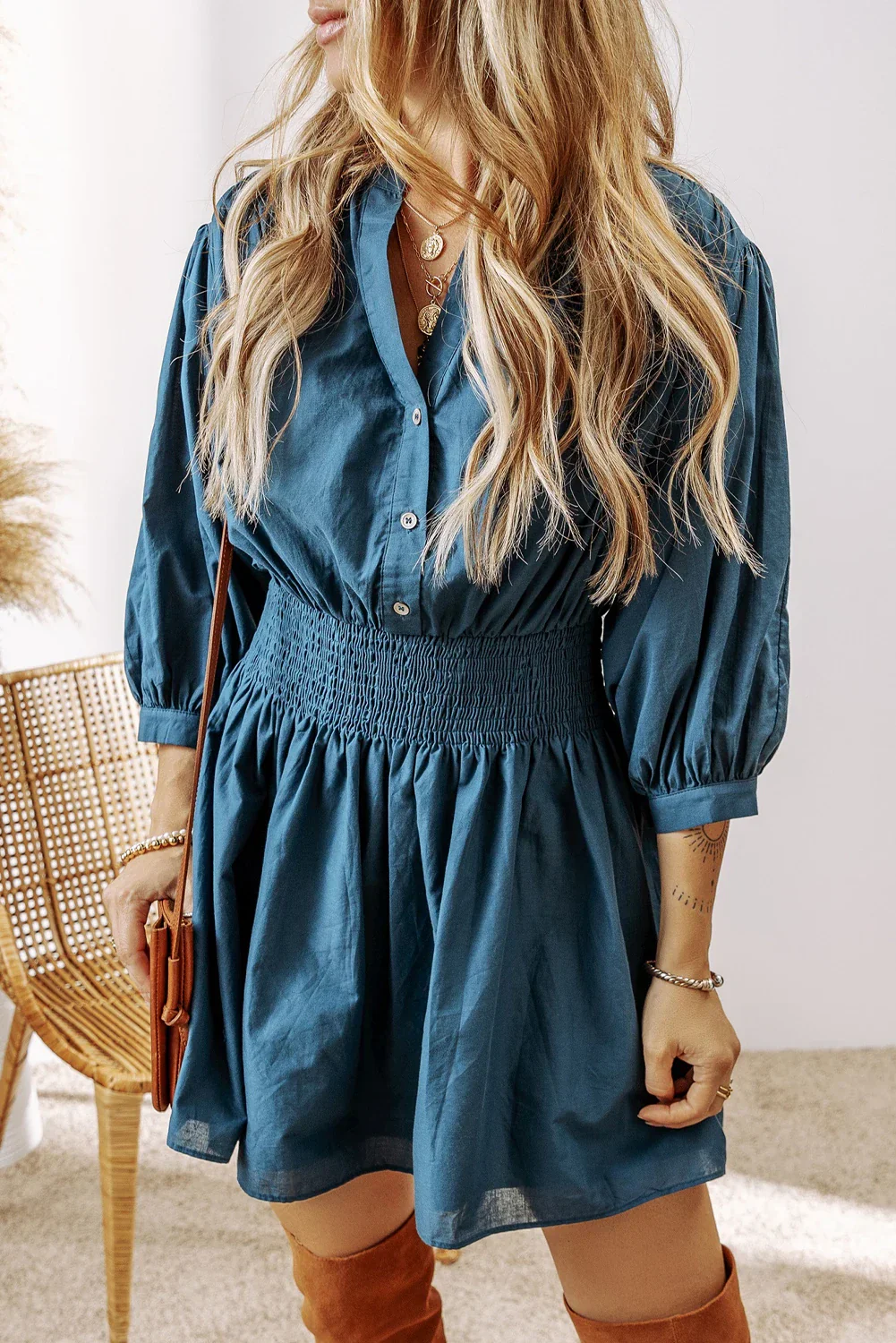 Tammy - Prussian Blue 3/4 Sleeve Shirred High Waist Buttoned Mini Dress - Image 6
