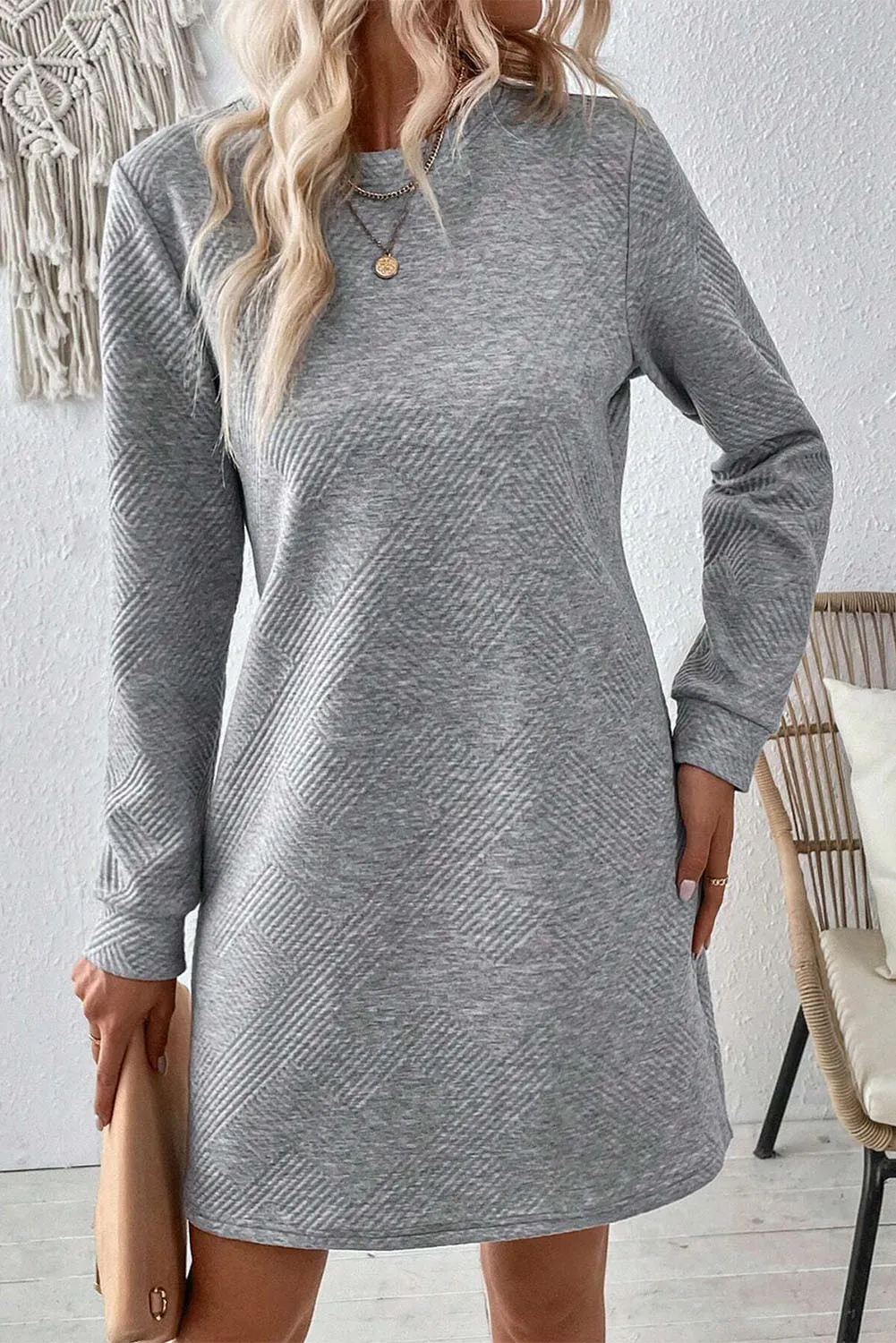 Textured Round Neck Long Sleeve Mini Dress - Image 3