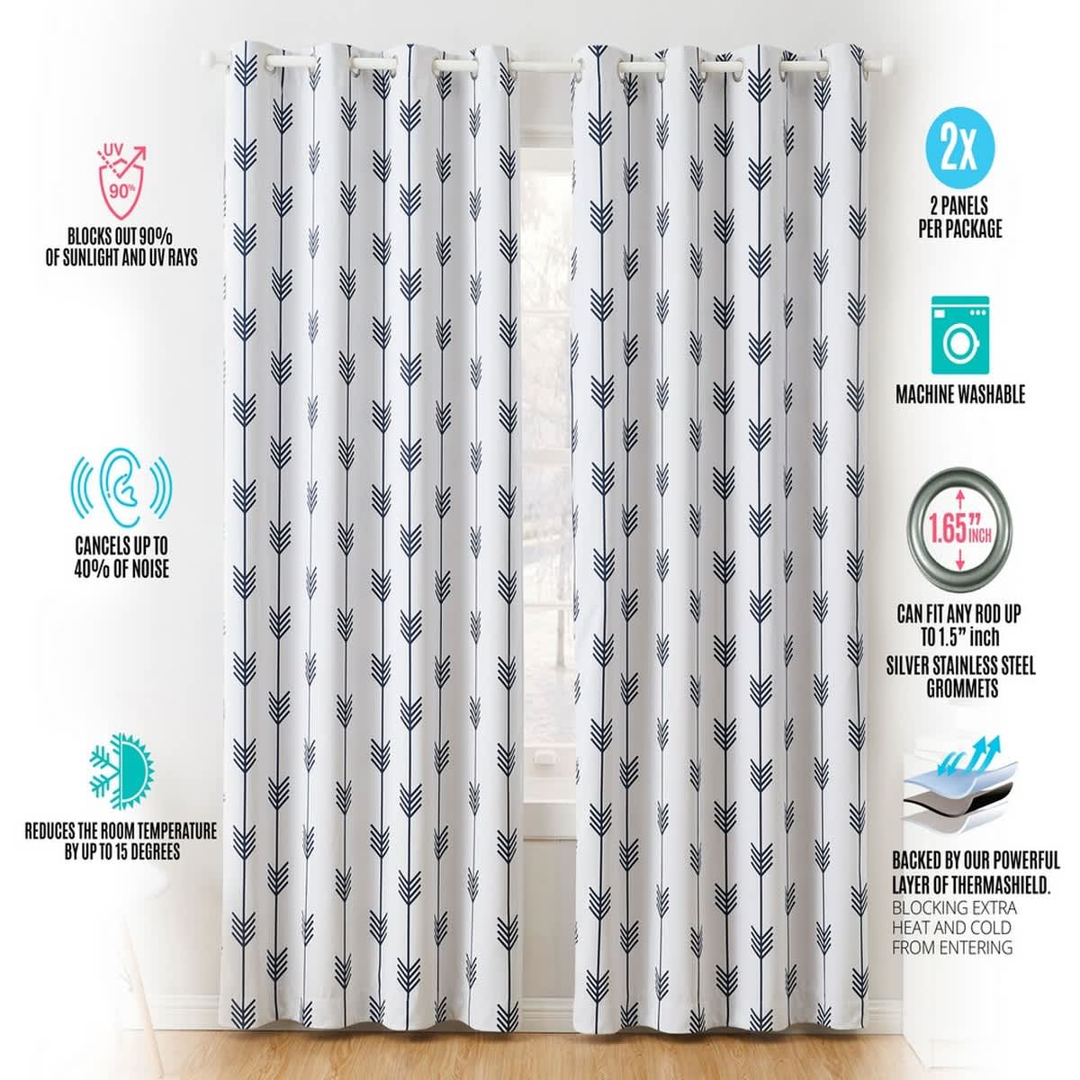 Thd Arrow Print Thermal Room Darkening Blackout Energy Efficient Window Curtain Grommet Panels - Set of 2 - Image 24