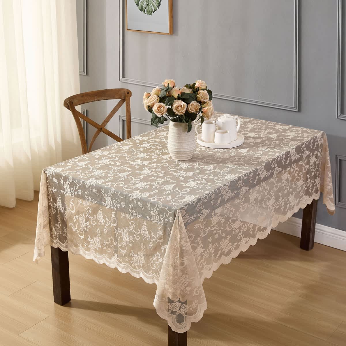 Thd Harpy Patterned Scalloped Floral Lace Fabric Tablecloth for Round or Rectangle Tables - Image 7