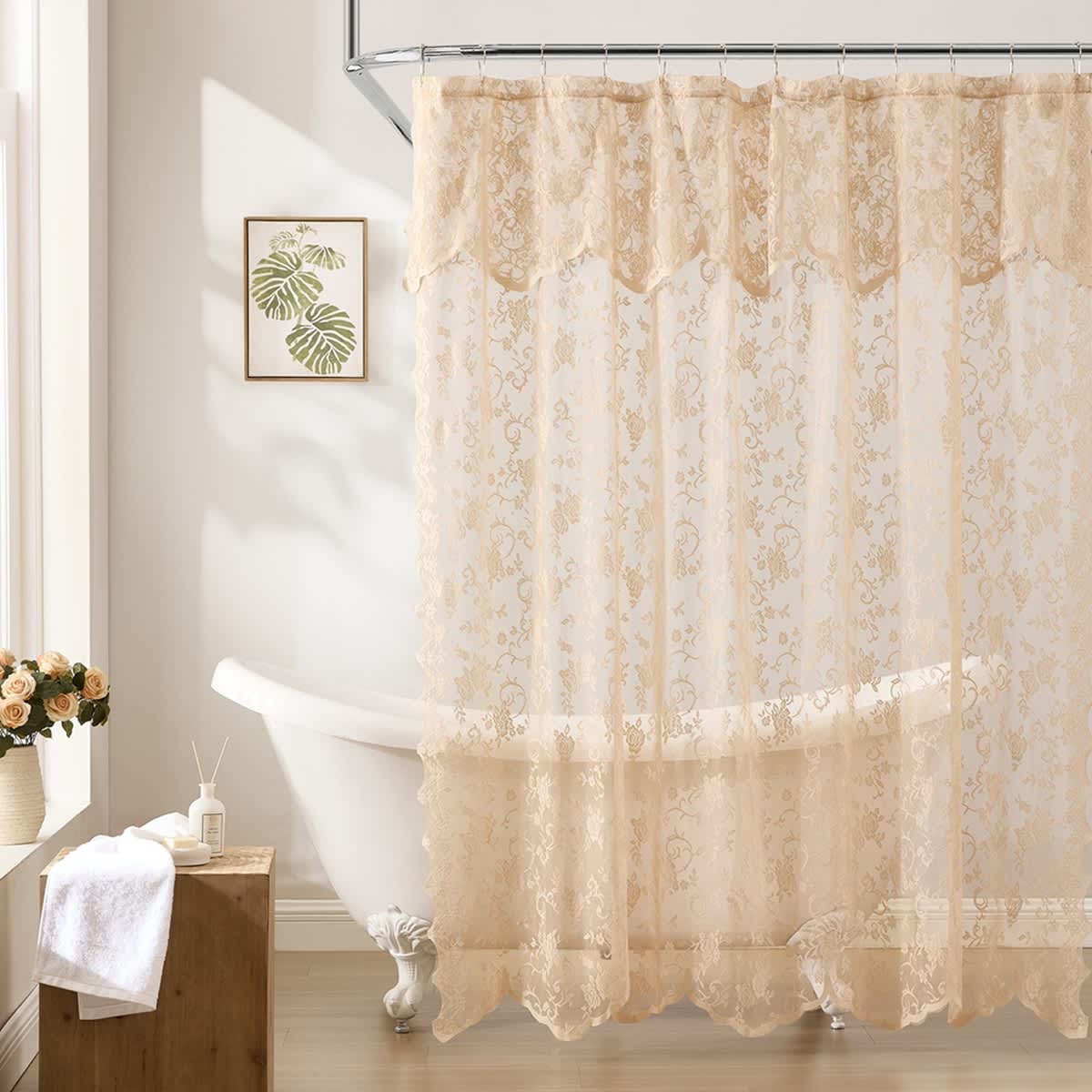 Thd Harpy Lace Bathroom Shower Curtain with Floral Vine Design and Attached Valance, Elegant Victorian Classic Style - Image 6