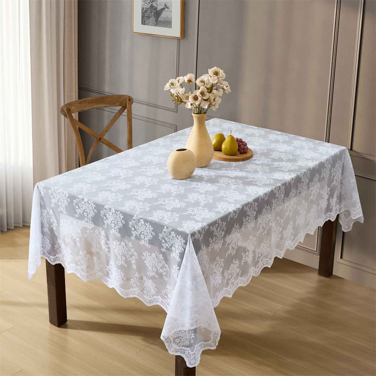 Thd Joelle Patterned Scalloped Floral Lace Fabric Tablecloth for Rectangle or Round Tables, Wrinkle Resistant - Image 9
