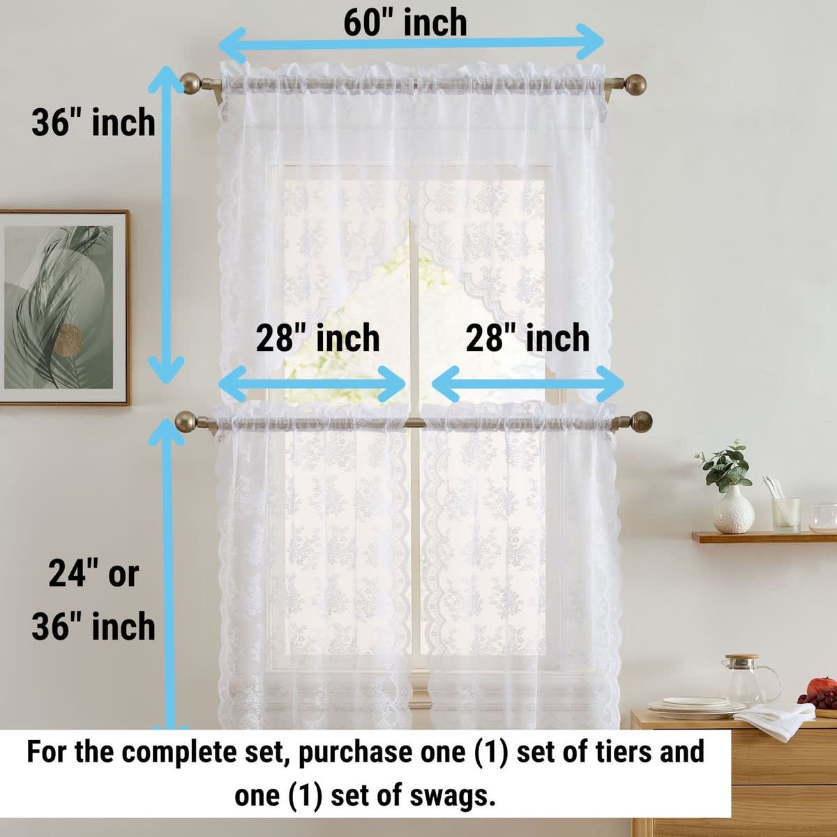 Thd Joelle Floral Rod Pocket Lace Semi Sheer Voile Short Swag, Tier or Valance for Small Windows, Kitchen & Bathroom - Image 28