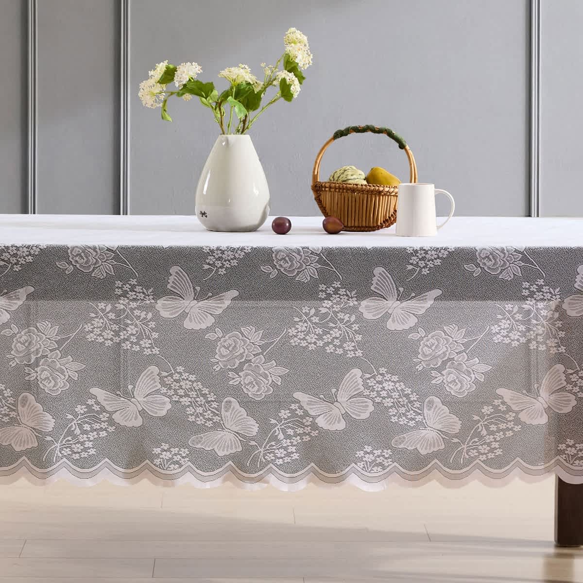Thd Pixie Patterned Scalloped Floral Lace Fabric Tablecloth for Round or Rectangle Tables, Wrinkle Resistant - Image 2