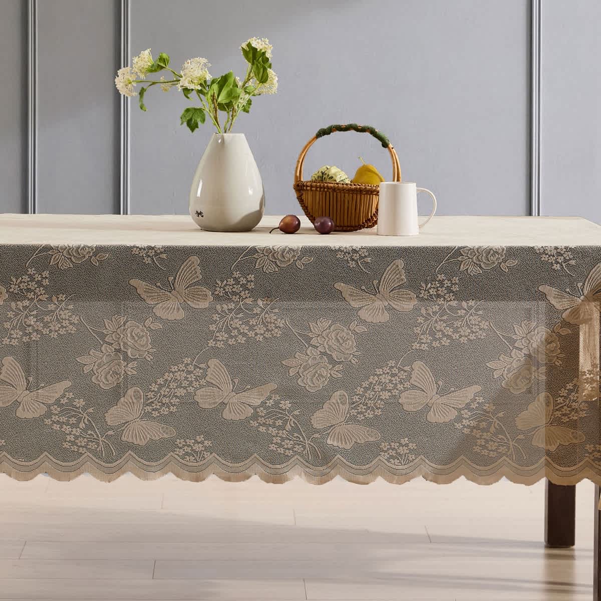 Thd Pixie Patterned Scalloped Floral Lace Fabric Tablecloth for Round or Rectangle Tables, Wrinkle Resistant - Image 8