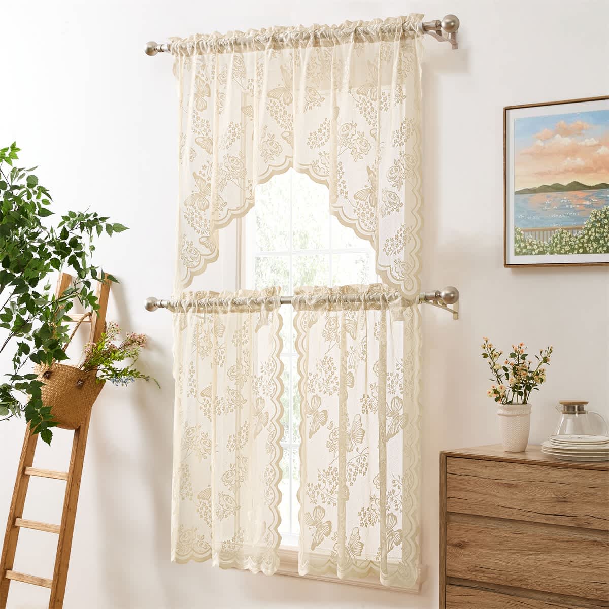 Thd Pixie Floral Lace - Sheer 3 Piece Kitchen Curtains Set, Window Swag Valance + 36 Inch Tiers Set - Image 6