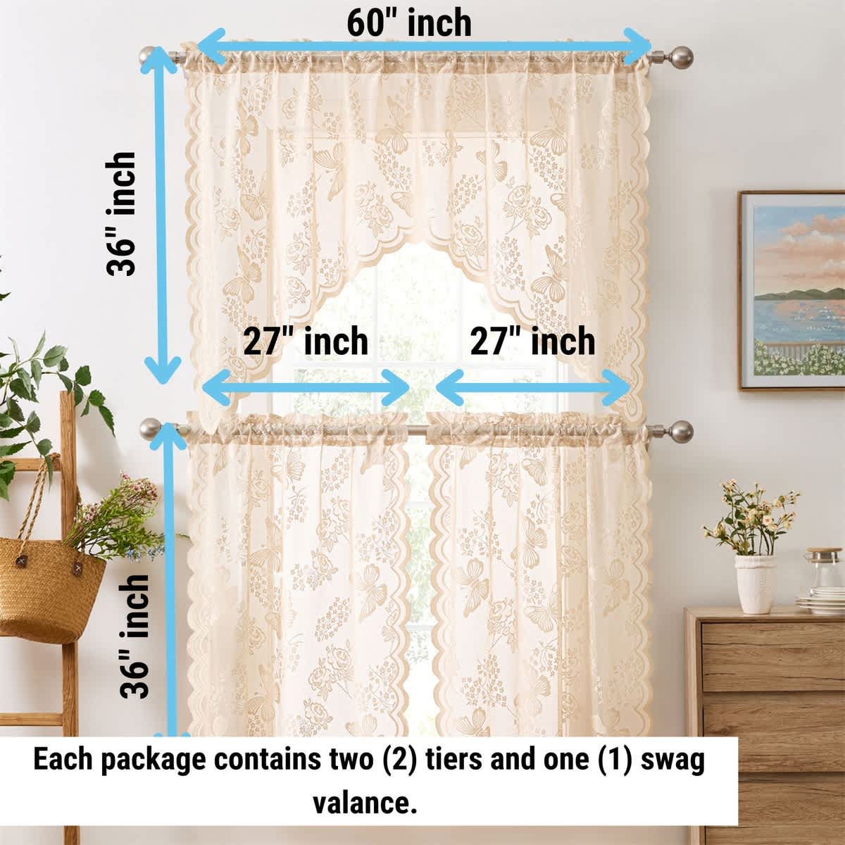 Thd Pixie Floral Lace - Sheer 3 Piece Kitchen Curtains Set, Window Swag Valance + 36 Inch Tiers Set - Image 7