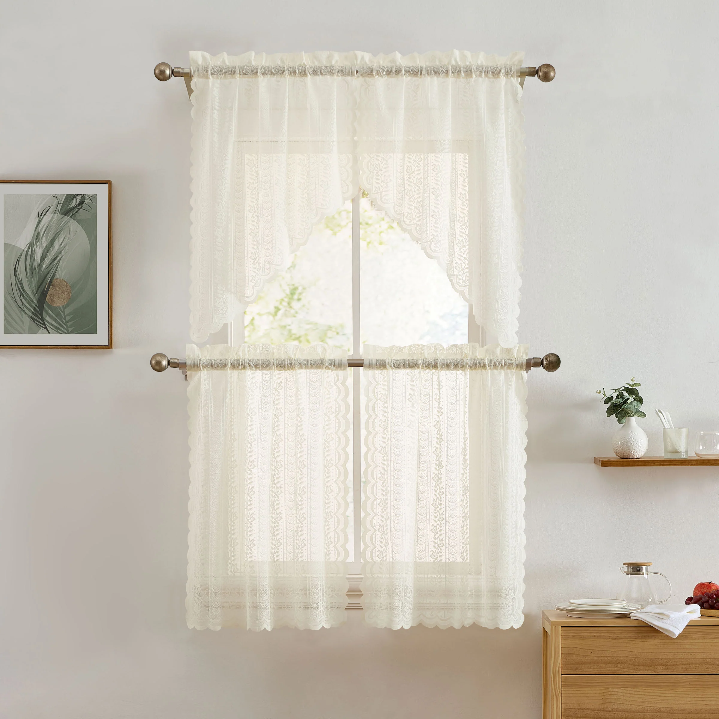 Thd Sofia Floral Rod Pocket Lace Semi Sheer Voile Short Cafe Tiers, Swag, or Valance for Small Windows - Image 11