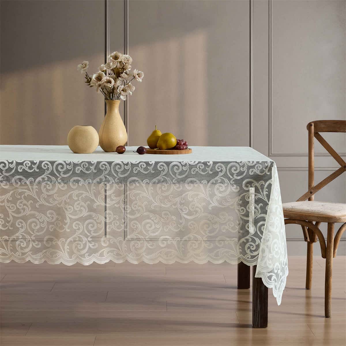 Thd Vines Patterned Scalloped Lace Fabric Tablecloth for Round or Rectangle Tables, Wrinkle Resistant - Image 2