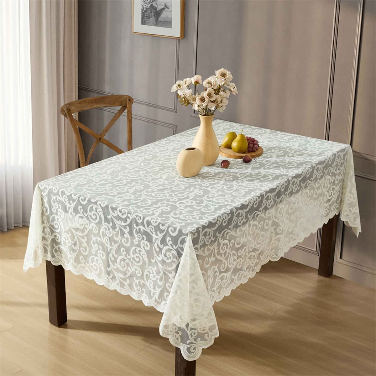 Thd Vines Patterned Scalloped Lace Fabric Tablecloth for Round or Rectangle Tables, Wrinkle Resistant - Image 4
