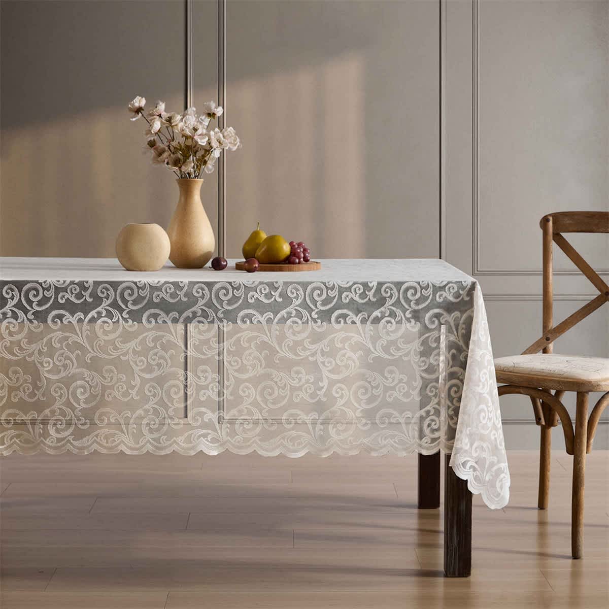 Thd Vines Patterned Scalloped Lace Fabric Tablecloth for Round or Rectangle Tables, Wrinkle Resistant - Image 6