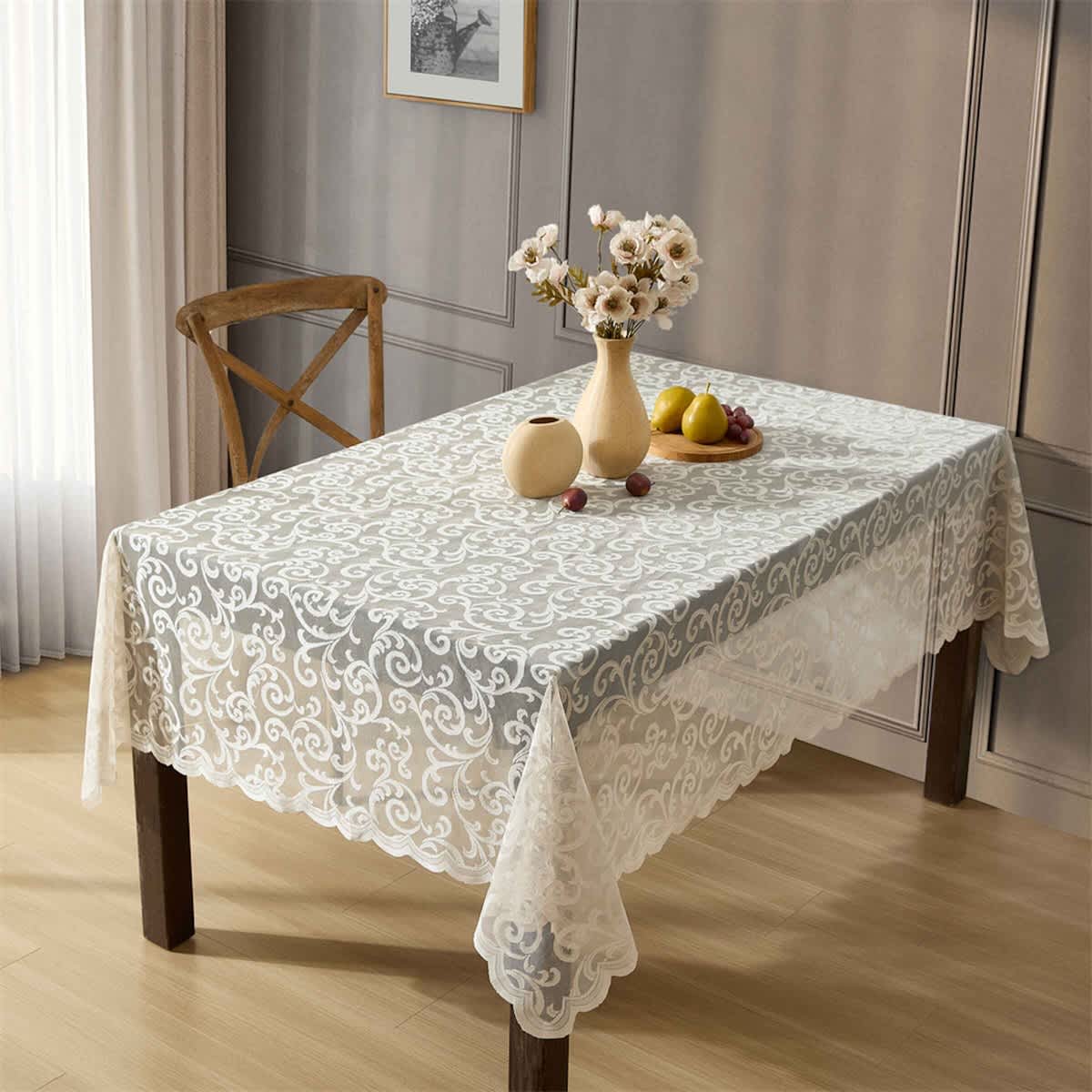 Thd Vines Patterned Scalloped Lace Fabric Tablecloth for Round or Rectangle Tables, Wrinkle Resistant - Image 8