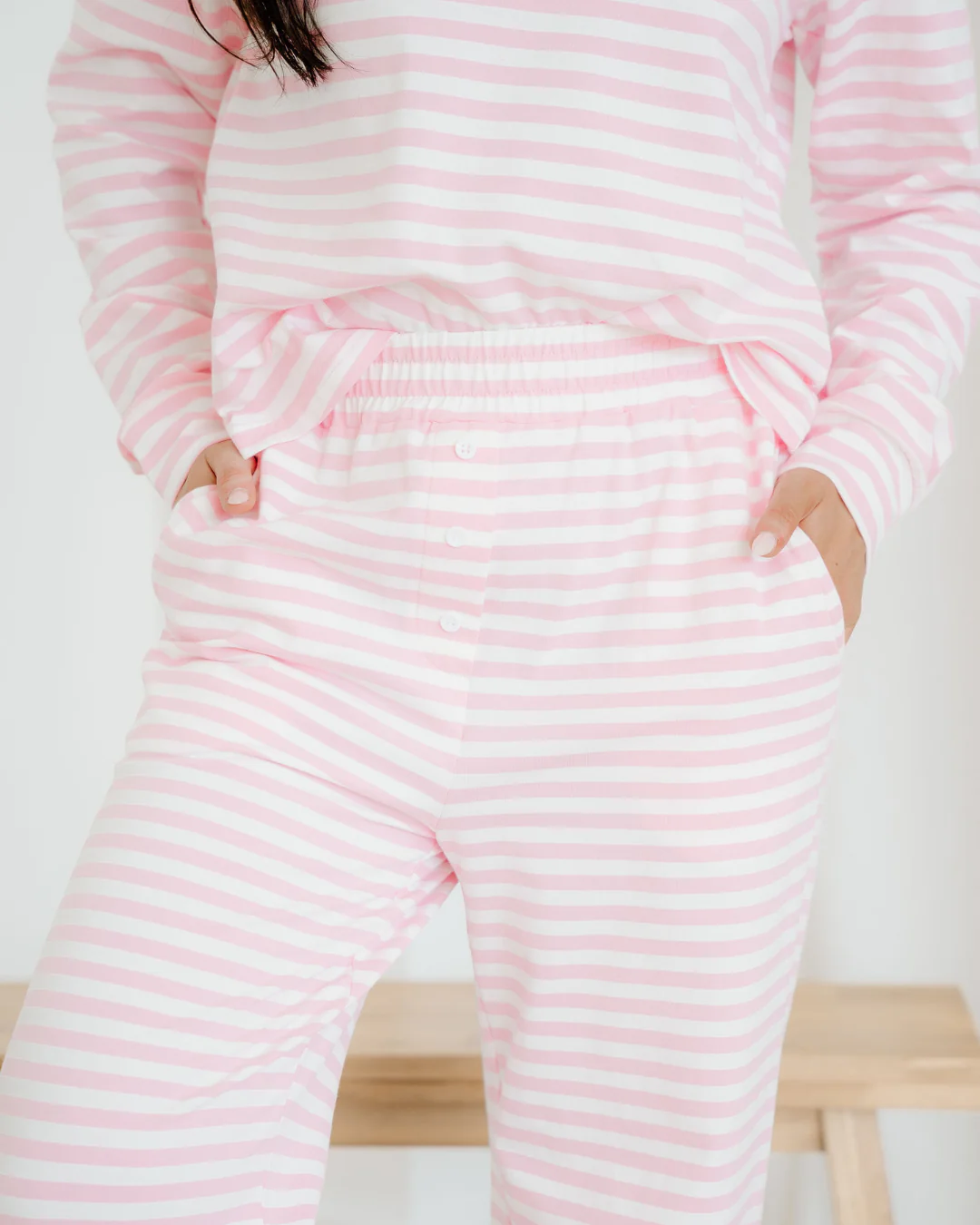 Thea Stripe Drop Shoulder Round Neck Top and Buttoned Straight Pants Two Piece Set - Image 5