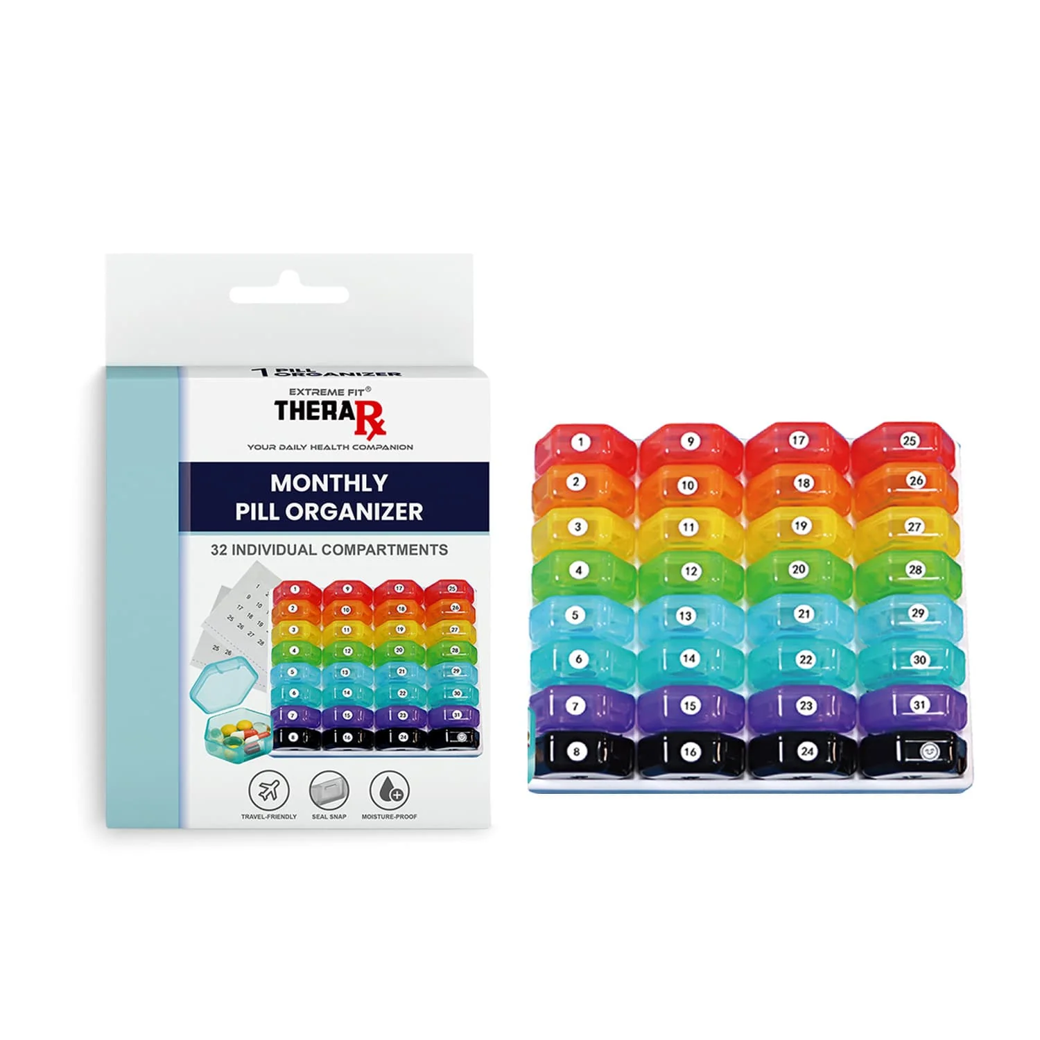 TheraRx 32 Colored Compartments Monthly Pill, Medicine and Vitamin Organizer with Tray