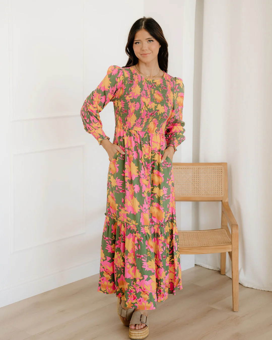 Tinsley Floral Puff Sleeve Smocked Bodice Frill Tiered Dress - Image 2