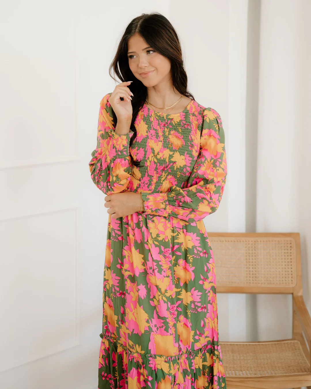 Tinsley Floral Puff Sleeve Smocked Bodice Frill Tiered Dress - Image 3