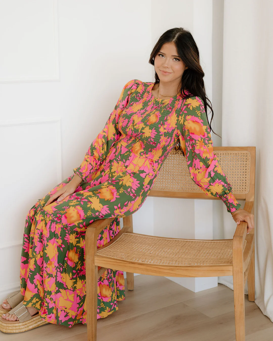 Tinsley Floral Puff Sleeve Smocked Bodice Frill Tiered Dress - Image 4