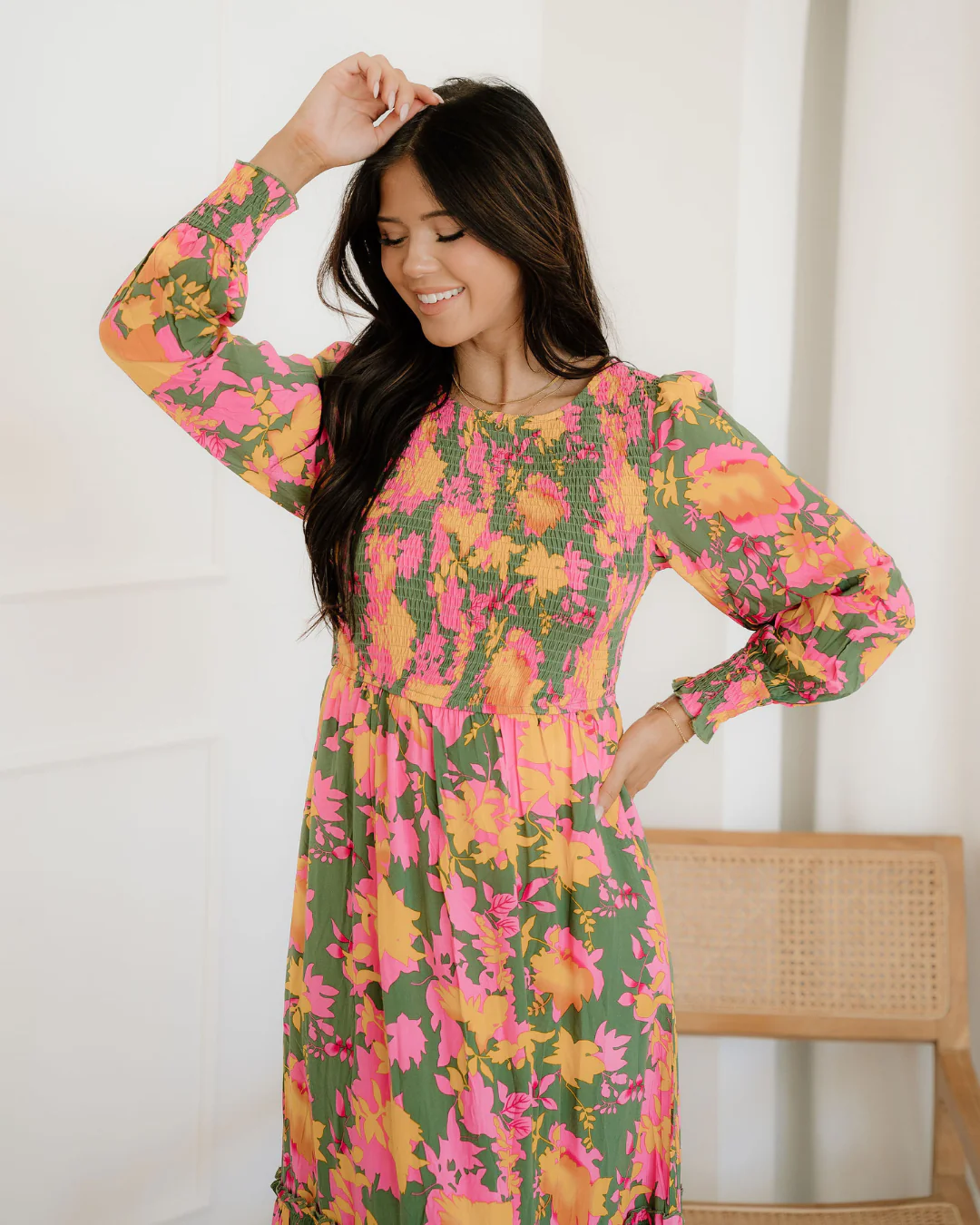 Tinsley Floral Puff Sleeve Smocked Bodice Frill Tiered Dress - Image 6