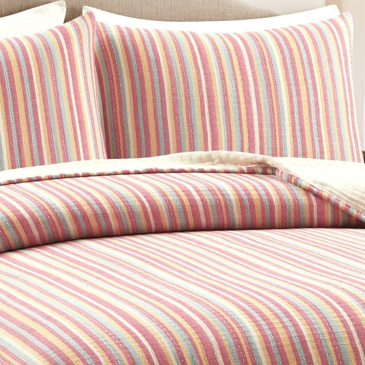 Tracy Stripe Pick Stitch Kantha Yarn Dyed Cotton Woven Quilt/Coverlet Set - Image 3