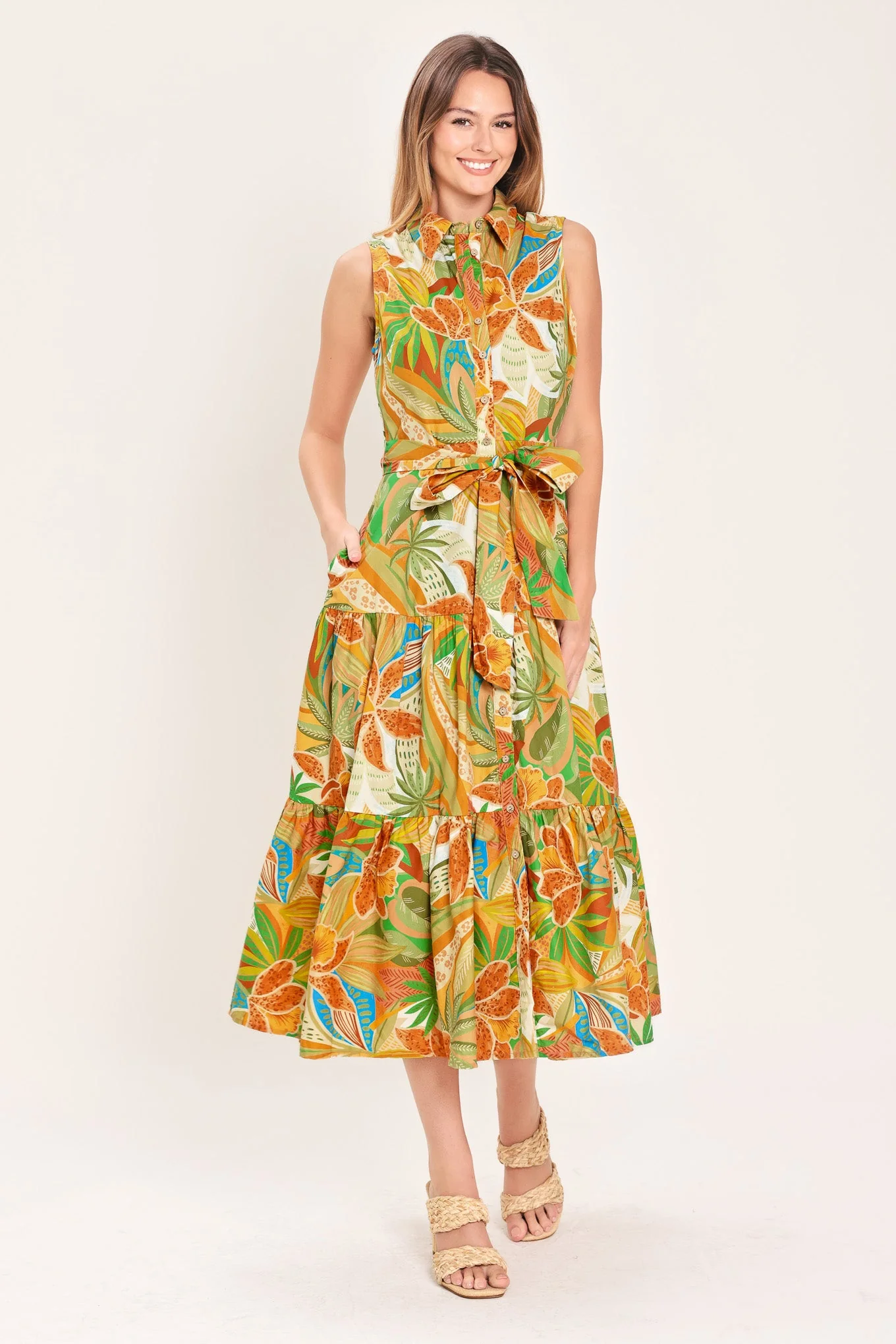Tropical Bloom Tiered Woven Mini Shirt Dress - Image 5