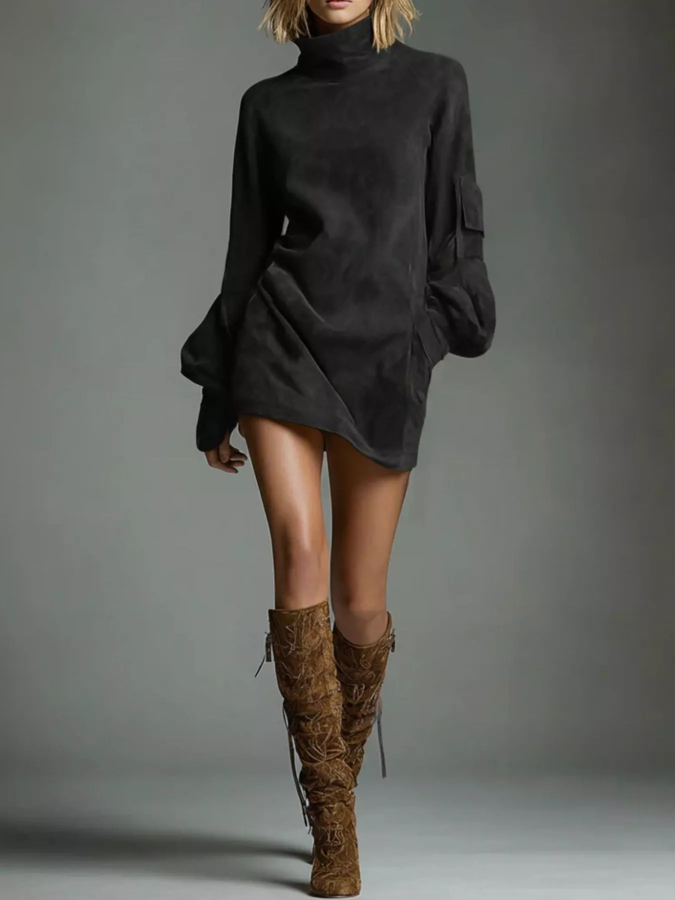 Turtleneck Lantern Sleeve Mini Dress with Pockets - Image 6