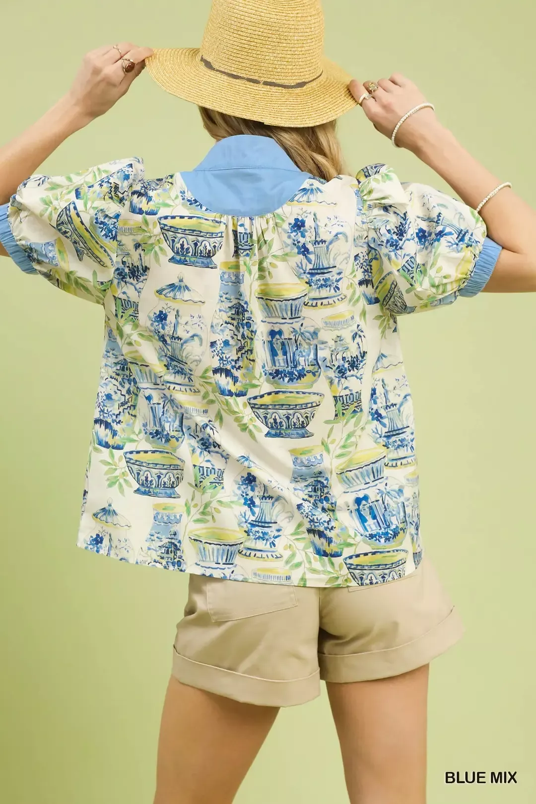Umgee Abstract Print V-Neck Top in Blue Mix - Image 4