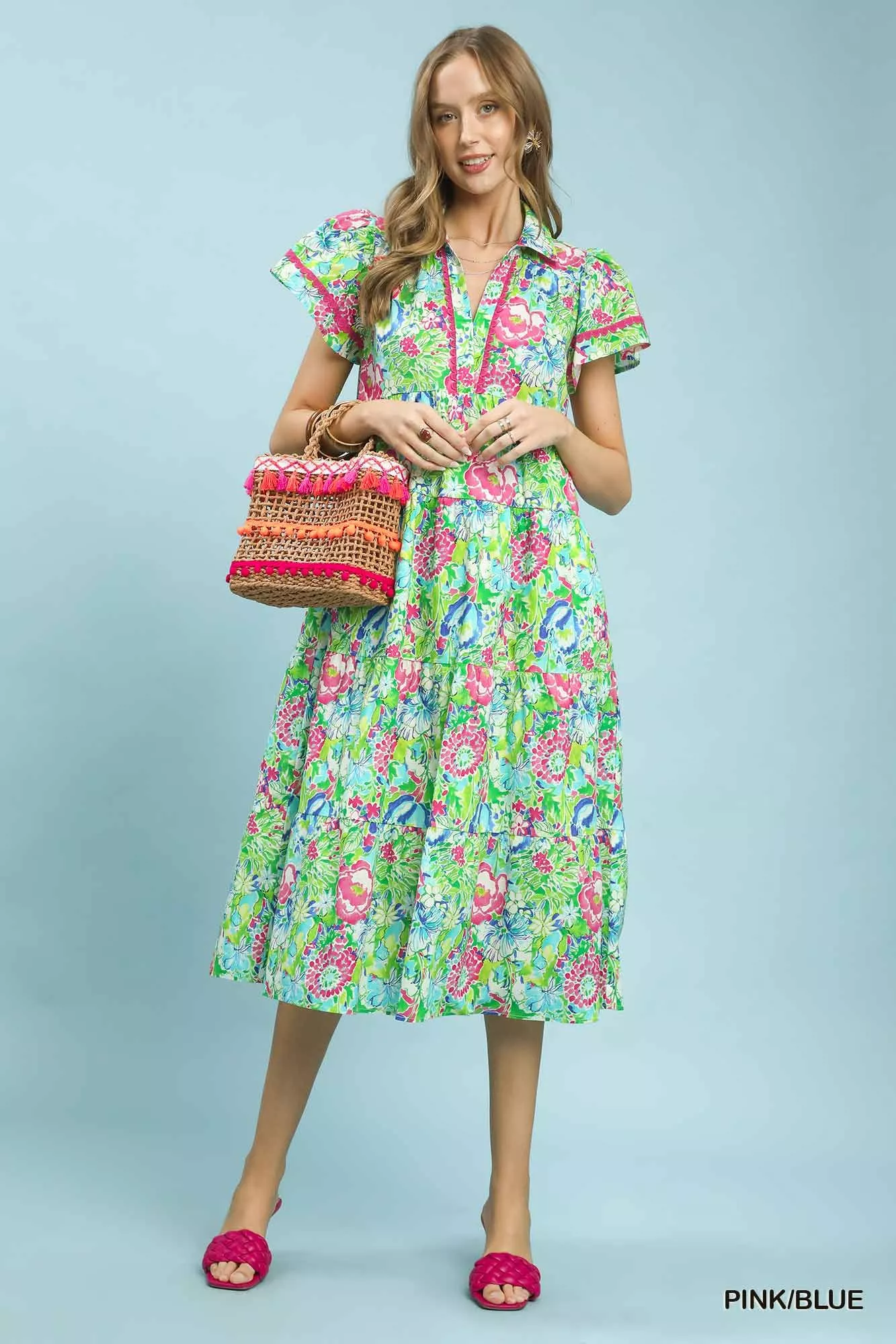 Umgee Bold Mixed Floral Tiered Midi Dress in Pink/Blue - Image 5