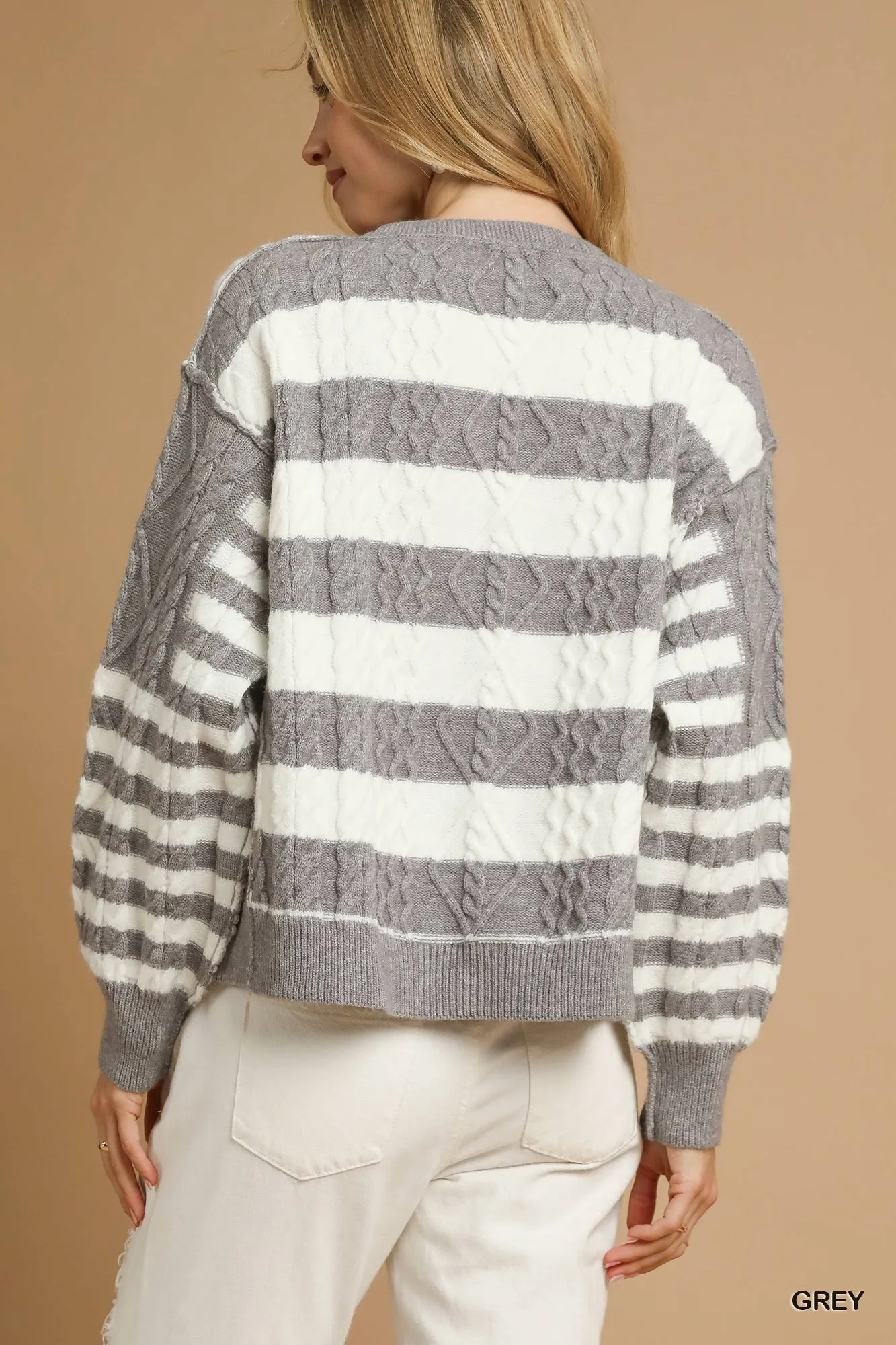 Umgee Cable-Knit Stripe Button-Up Cardigan - Image 2