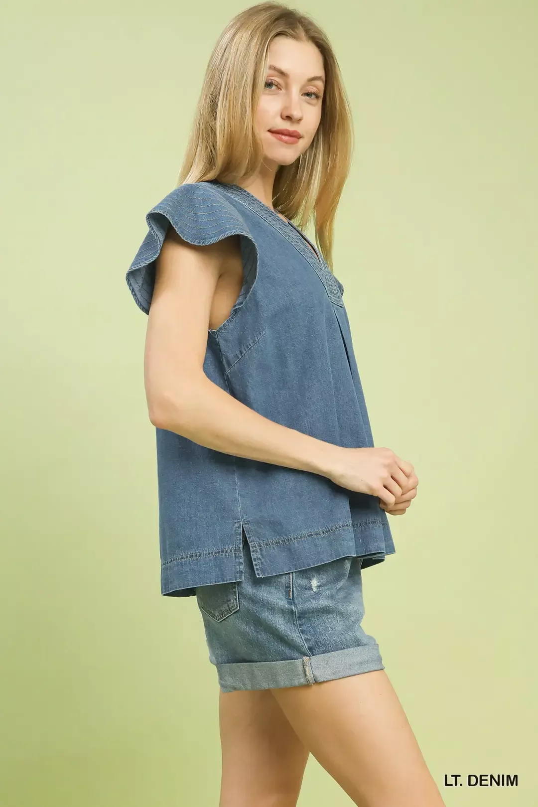 Umgee Cap Sleeve Denim Top - Image 2