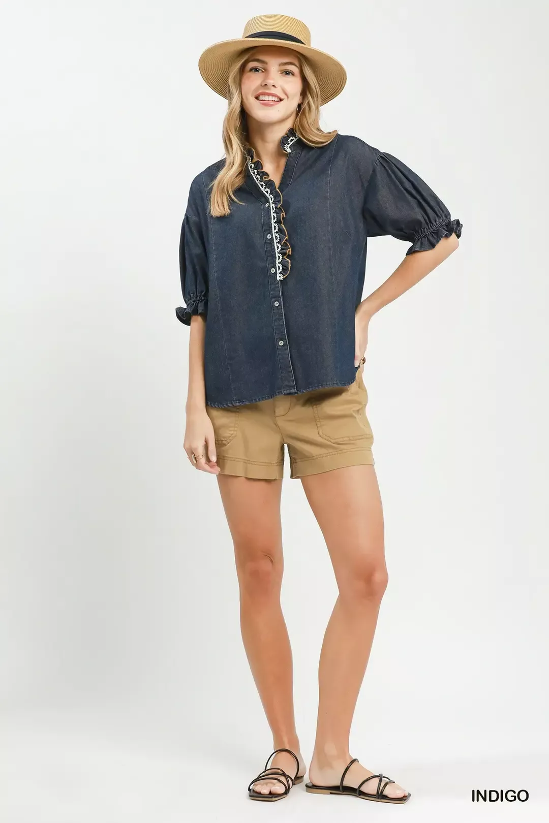 Umgee Chambray Scalloped Trim Button Front Blouse - Image 5