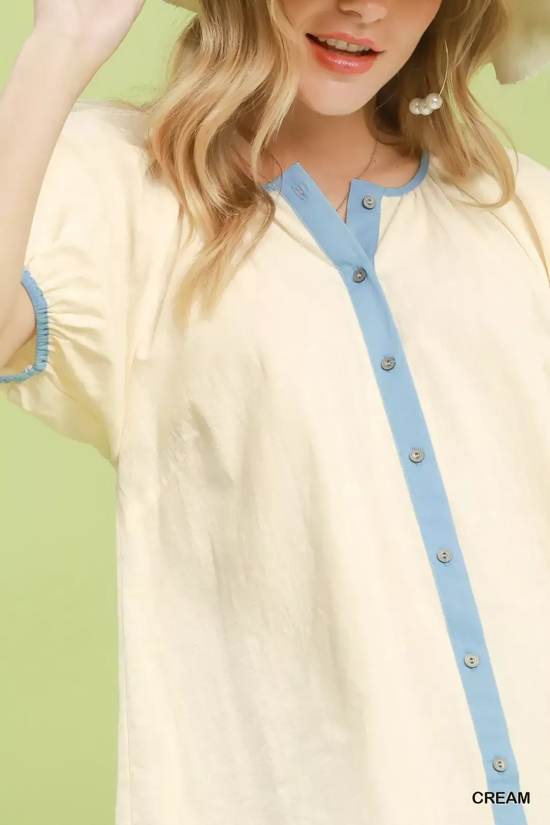 Umgee Contrast Trim Button Front Puff Sleeve Blouse - Image 4