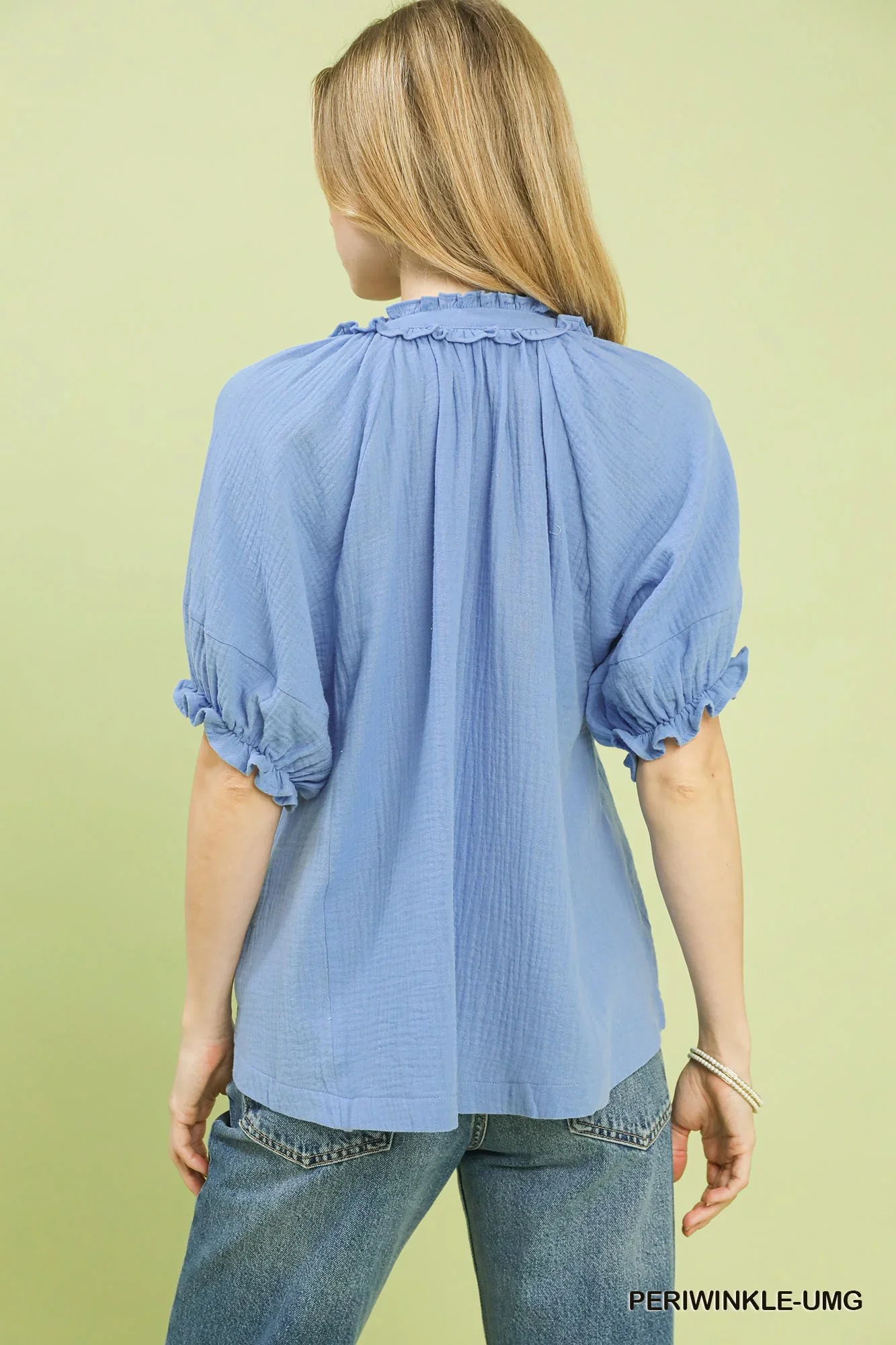 Umgee Cotton Gauze Ruffle Top in Periwinkle - Image 3