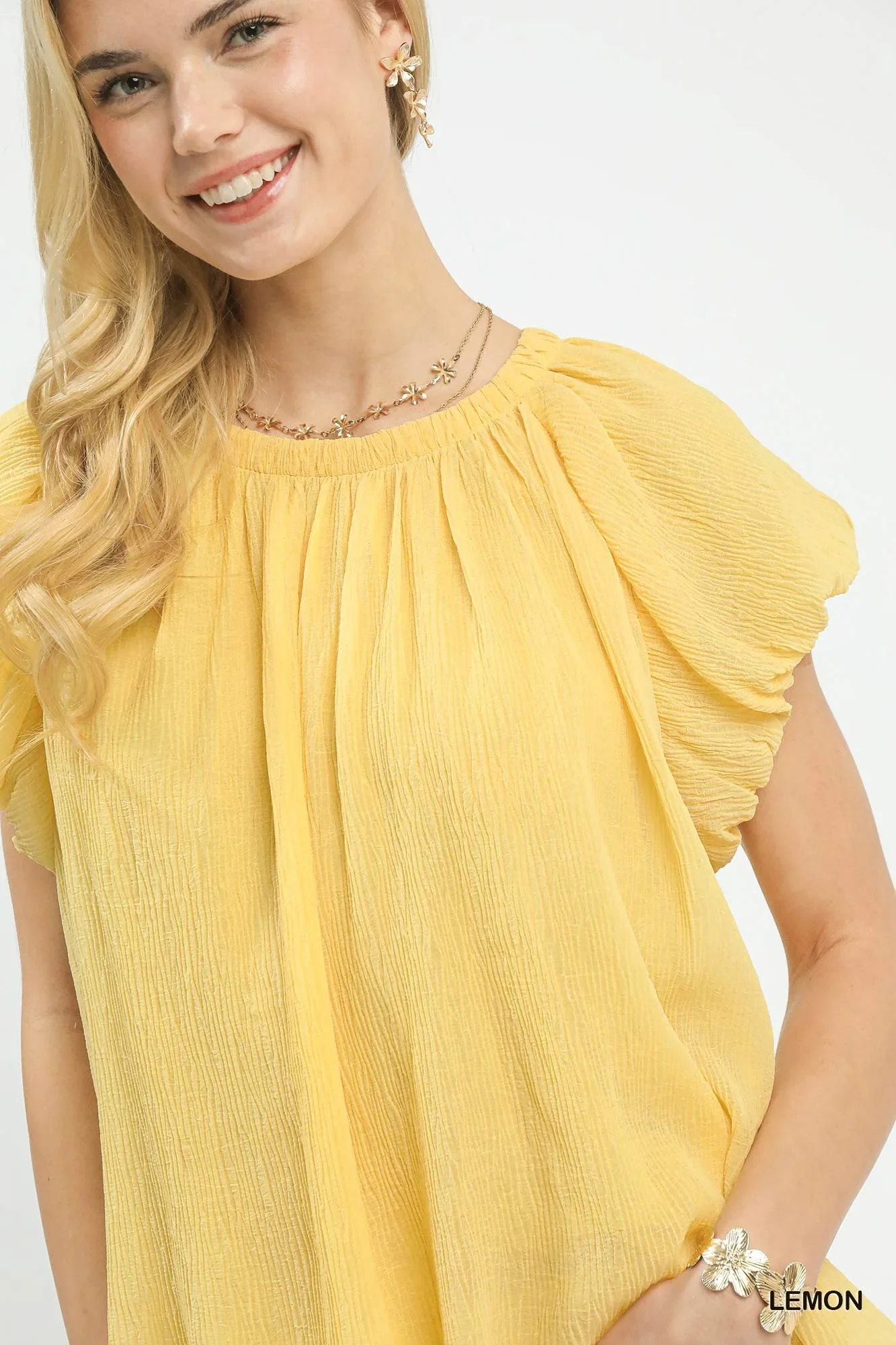 Umgee Crinkle Flutter Sleeve Peasant Top in Lemon - Image 5