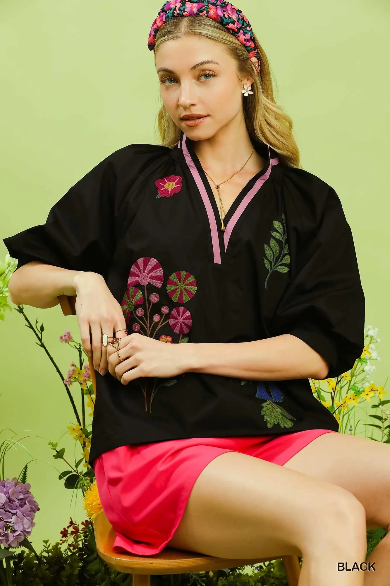 Umgee Embroidered Floral V-Neck Blouse - Image 2