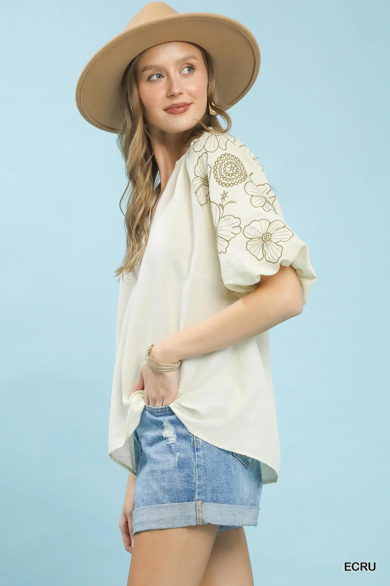 Umgee Embroidered Sleeve V-Neck Boho Blouse - Image 2