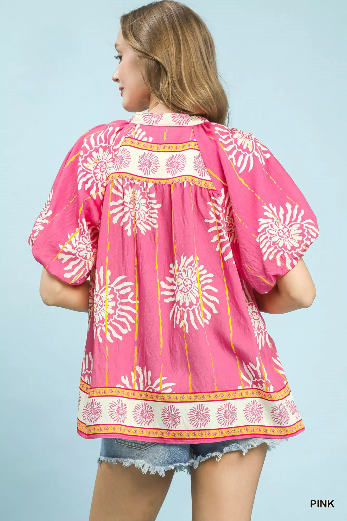 Umgee Floral Border Smocked V-Neck Boho Blouse - Image 3